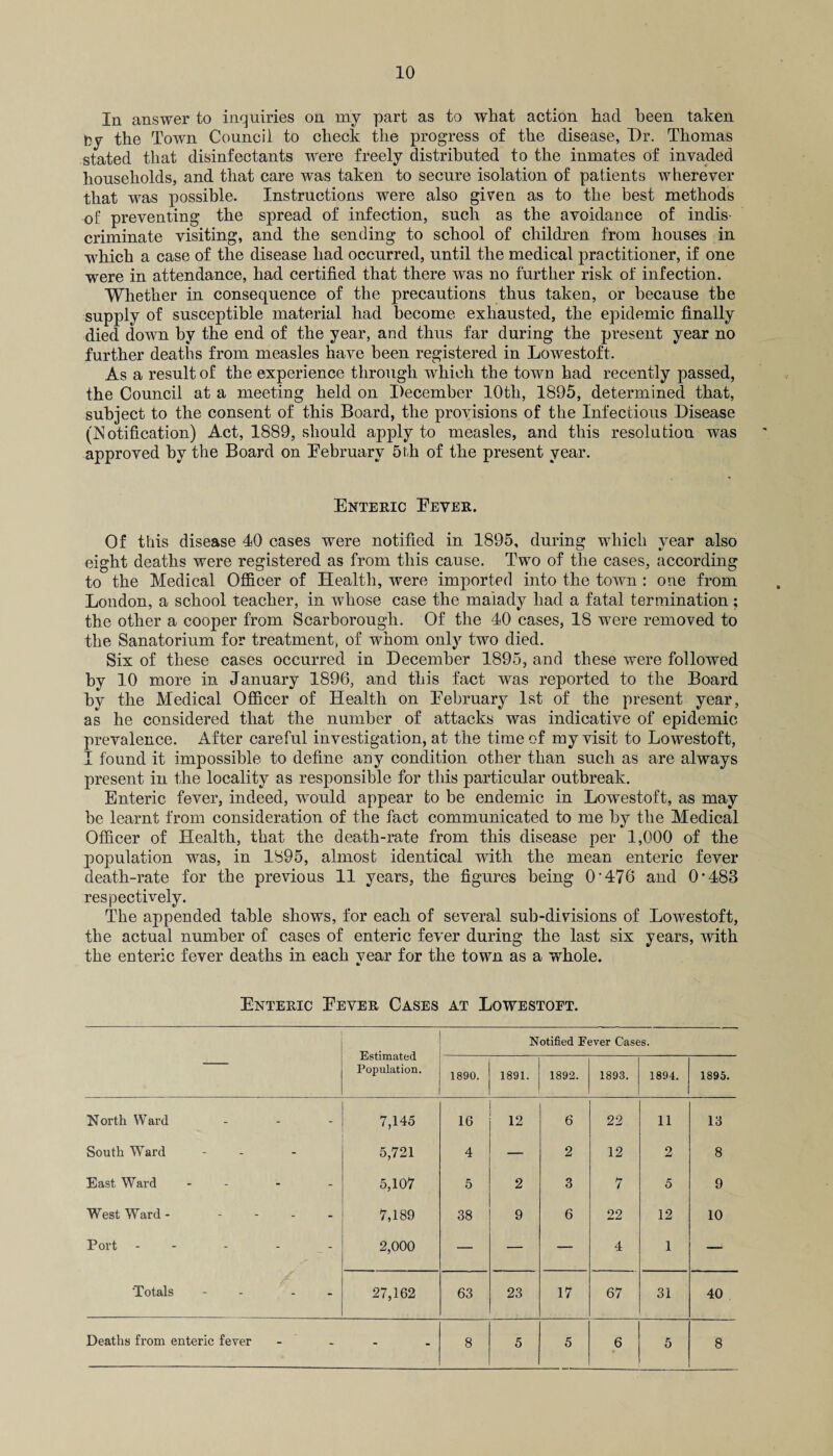 In answer to inquiries on my part as to what action had been taken by the Town Council to check the progress of the disease, Dr. Thomas stated that disinfectants were freely distributed to the inmates of invaded households, and that care was taken to secure isolation of patients wherever that was possible. Instructions were also given as to the best methods of preventing the spread of infection, such as the avoidance of indis¬ criminate visiting, and the sending to school of children from houses in which a case of the disease had occurred, until the medical practitioner, if one were in attendance, had certified that there was no further risk of infection. Whether in consequence of the precautions thus taken, or because the supply of susceptible material had become exhausted, the epidemic finally died down by the end of the year, and thus far during the present year no further deaths from measles have been registered in Lowestoft. As a result of the experience through which the town had recently passed, the Council at a meeting held on December 10th, 1895, determined that, subject to the consent of this Board, the provisions of the Infectious Disease (Notification) Act, 1889, should apply to measles, and this resolution was approved by the Board on February 5th of the present year. Enteric Fever. Of this disease 40 cases were notified in 1895, during which year also eight deaths were registered as from this cause. Two of the cases, according to the Medical Officer of Health, were imported into the town: one from London, a school teacher, in whose case the malady had a fatal termination; the other a cooper from Scarborough. Of the 40 cases, 18 were removed to the Sanatorium for treatment* of whom only two died. Six of these cases occurred in December 1895, and these were followed by 10 more in January 1896, and this fact was reported to the Board by the Medical Officer of Health on February 1st of the present year, as he considered that the number of attacks was indicative of epidemic prevalence. After careful investigation, at the time of my visit to Lowestoft, I found it impossible to define any condition other than such as are always present in the locality as responsible for this particular outbreak. Enteric fever, indeed, wrould appear to be endemic in LowTestoft, as may be learnt from consideration of the fact communicated to me by the Medical Officer of Health, that the death-rate from this disease per 1,000 of the population was, in 1895, almost identical with the mean enteric fever death-rate for the previous 11 years, the figures being O'476 and 0*483 respectively. The appended table shows, for each of several sub-divisions of Lowestoft, the actual number of cases of enteric fever during the last six years, with the enteric fever deaths in each vear for the town as a whole. * Enteric Fever Cases at Lowestoet. Estimated Population. Notified Fever Cases. 1890. 1891. 1892. 1893. 1894. 1895. North Ward 7,145 16 12 6 22 11 13 South Ward - 5,721 4 — 2 12 2 8 East Ward - 5,107 5 2 3 7 5 9 West Ward - - 7,189 38 9 6 22 12 10 Port - 2,000 — — — 4 1 — Totals - - - 27,162 63 23 17 67 31 40 Deaths from enteric fever - 8 5 5 6 5 8