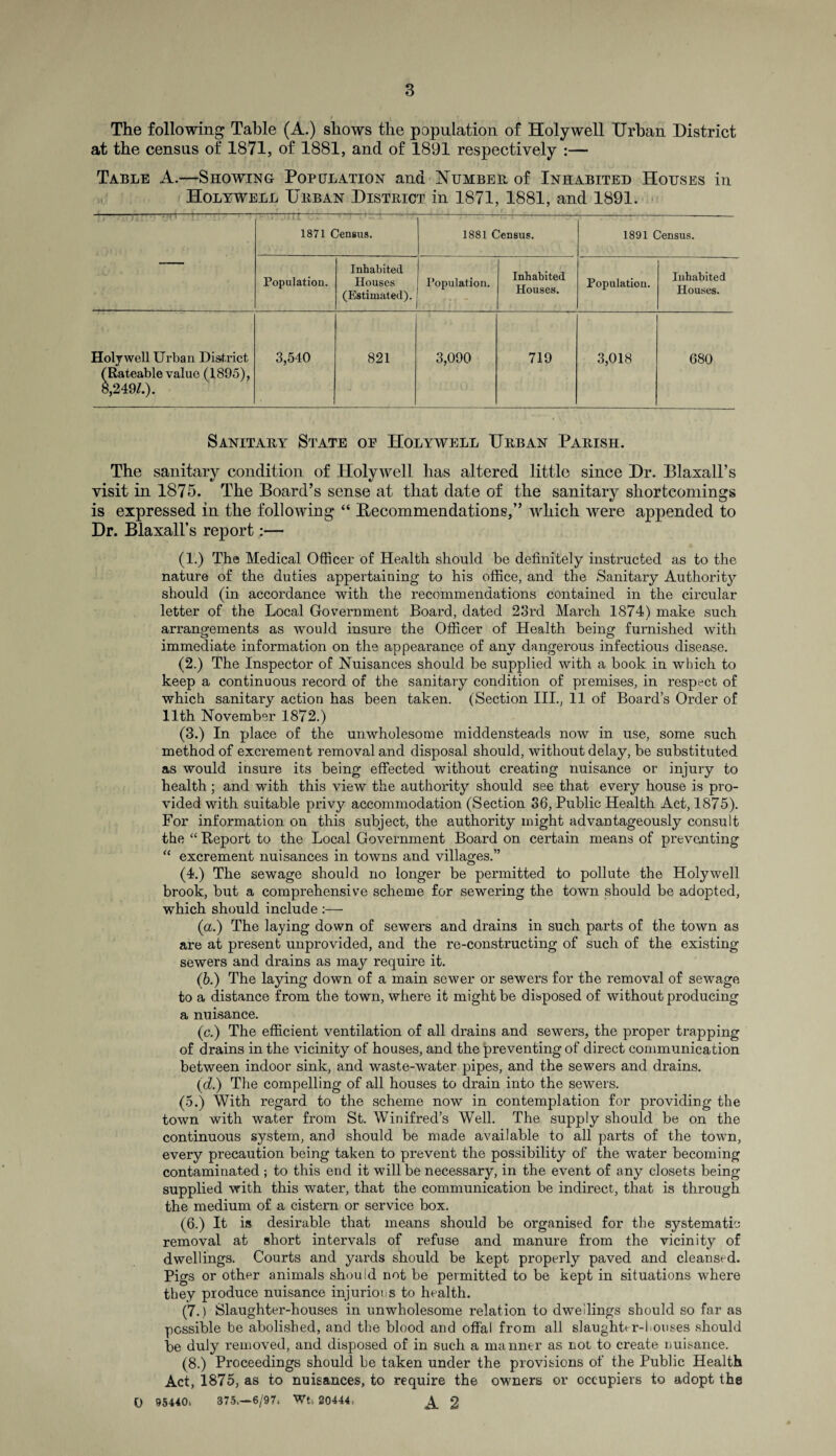 The following Table (A.) shows the population of Holywell Urban District at the census of 1871, of 1881, and of 1891 respectively :— Table A.—Showing Population and Number of Inhabited Houses in Holywell Urban District in 1871, 1881, and 1891. -—- 1871 Census. 1881 Census. 1891 Census. Population. Inhabited Houses (Estimated). Population. Inhabited Houses. Population. Inhabited Houses. Holywell Urban District (Rateable value (1895), 8,249/.). 3,540 821 3,090 719 3,018 680 Sanitary State of Holywell Urban Parish. The sanitary condition of Holywell has altered little since Dr. Blaxall’s visit in 1875. The Board’s sense at that date of the sanitary shortcomings is expressed in the following “ Recommendations,’’ -which were appended to Dr. Blaxall’s report:— (I.) The Medical Officer of Health should be definitely instructed as to the nature of the duties appertaining to his office, and the Sanitary Authority should (in accordance with the recommendations contained in the circular letter of the Local Government Board, dated 23rd March 1874) make such arrangements as would insure the Officer of Health being furnished with immediate information on the appearance of any dangerous infectious disease. (2.) The Inspector of Nuisances should be supplied with a book in which to keep a continuous record of the sanitary condition of premises, in respect of which sanitary action has been taken. (Section III., 11 of Board’s Order of 11th November 1872.) (3.) In place of the unwholesome middensteads now in use, some such method of excrement removal and disposal should, without delay, be substituted as would insure its being effected without creating nuisance or injury to health ; and with this view the authority should see that every house is pro¬ vided with suitable privy accommodation (Section 36, Public Health Act, 1875). For information on this subject, the authority might advantageously consult the “ Report to the Local Government Board on certain means of preventing “ excrement nuisances in towns and villages.” (4.) The sewage should no longer be permitted to pollute the Holywell brook, but a comprehensive scheme for sewering the town should be adopted, which should include :— (a.) The laying down of sewers and drains in such parts of the town as are at present unprovided, and the re-construeting of such of the existing sewers and drains as may require it. (b.) The laying down of a main sewer or sewers for the removal of sewage to a distance from the town, where it might be disposed of without producing a nuisance. (c.) The efficient ventilation of all drains and sewers, the proper trapping of drains in the vicinity of houses, and the preventing of direct communication between indoor sink, and waste-water pipes, and the sewers and drains. (d.) The compelling of all houses to drain into the sewers. (5.) With regard to the scheme now in contemplation for providing the town with water from St. Winifred’s Well. The supply should be on the continuous system, and should be made available to all parts of the town, every precaution being taken to prevent the possibility of the water becoming contaminated ; to this end it will be necessary, in the event of any closets being supplied with this water, that the communication be indirect, that is through the medium of a cistern or service box. (6.) It is desirable that means should be organised for the systematic removal at short intervals of refuse and manure from the vicinity of dwellings. Courts and yards should be kept properly paved and cleansed. Pigs or other animals should not be permitted to be kept in situations where they produce nuisance injurious to health. (7.) Slaughter-houses in unwholesome relation to dwellings should so far as possible be abolished, and the blood and offal from all slaughfir-1 louses should be duly removed, and disposed of in such a manner as not to create nuisance. (8.) Proceedings should be taken under the provisions of the Public Health Act, 1875, as to nuisances, to require the owners or occupiers to adopt ths 0 95440s 375.-6/97* Wt» 20444. g