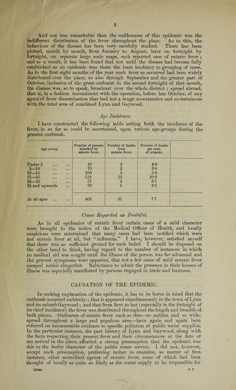 I 3 * And not less remarkable than the suddenness of this epidemic was the indifferent distribution of the fever throughout the place. As to this, the behaviour of the disease has been very carefully studied. There has been plotted, month by month, from January to August, later on fortnight by fortnight, on separate large scale maps, each reported case of enteric fever ; and as a result, it has been found that not until the disease had become fully established as an epidemic was there the least tendency to grouping of cases. As in the first eight months of the year such fever as occurred had been widely distributed over the place, so also through September and the greater part of October, inclusive of the great outburst in the second fortnight of that month, the disease was, so to speak, broadcast over the whole district ; spread abroad, that is, in a fashion inconsistent with the operation, before late October, of any agent of fever dissemination that had not a range co-extensive and co-terminous with the total area of combined Lynn and Gaywood. Age Incidence. I have constructed the following table setting forth the incidence of the fever, in so far as could be ascertained, upon various age-groups during the present outbreak. Age group. Number of persons attacked by enteric fever. Number of deaths from enteric fever. Number of deaths per cent, of attacks. Under 5 42 2 4-8 5—10 . 79 3 3*8 10—15 . 100 5 5*0 15—25 . 118 12 10-2 25—35 . 37 3 8-1 35 and upwards 29 6 2-1 At all ages 405 31 7-7 Cases Regarded as Doubtful. As in all epidemics of enteric fever certain cases of a mild character were brought to the notice of the Medical Officer of Health, and locally suspicions were entertained that many cases had been notified which were not enteric fever at all, but “ influenza.” I have, however, satisfied myself that there was no sufficient ground for such belief. I should be disposed on the other hand to think, having regard to the number of instances in which no medical aid was sought until the illness of the person was far advanced and the gravest symptoms were apparent, that not a few cases of mild enteric fever escaped notice altogether. Reluctance to admit the presence in their houses of illness was especially manifested by persons engaged in trade and business. CAUSATION OF THE EPIDEMIC. In seeking explanation of the epidemic, it has to be borne in mind that the outbreak occurred suddenly ; that it appeared simultaneously in the town of Lynn and its suburb Gaywood ; and that from first to last (especially in the fortnight of its chief incidence) the fever was distributed throughout the length and breadth of both places. Outbursts of enteric fever such as this—so sudden and so wide¬ spread throughout a large and populous area—have again and again been referred on incontestable evidence to specific pollution of public water supplies. In the particular instance, the past history of Lynn and Gaywood, along with the facts respecting their present fever and their circumstances at the date of my arrival in the place, afforded a strong presumption that the epidemic was due to the faulty character of the public water service. I did not, however, accept such presumption, preferring rather to examine, as matter of first instance, other accredited agents of enteric fever, some of which had been thought of locally as quite as likely as the water supply to be responsible for A 2 15249