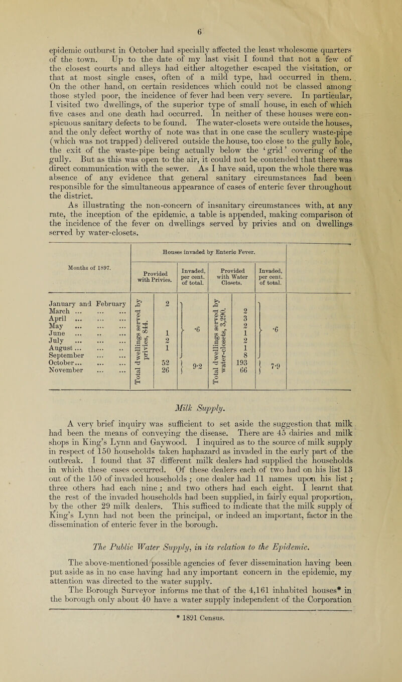 epidemic outburst in October had specially affected the least wholesome quarters of the town. Up to the date of my last visit I found that not a few of the closest courts and alleys had either altogether escaped the visitation, or that at most single cases, often of a mild type, had occurred in them. On the other hand, on certain residences which could not be classed among those styled poor, the incidence of fever had been very severe. In particular,- I visited two dwellings, of the superior type of small house, in each of which five cases and one death had occurred. In neither of these houses were con¬ spicuous sanitary defects to be found. The water-closets were outside the houses, and the only defect worthy of note was that in one case the scullery waste-pipe (which was not trapped) delivered outside the house, too close to the gully hole, the exit of the waste-pipe being actually below the ‘ grid ’ covering of the gully. But as this was open to the air, it could not be contended that there was direct communication with the sewer. As I have said, upon the whole there was absence of any evidence that general sanitary circumstances had been responsible for the simultaneous appearance of cases of enteric fever throughout the district. As illustrating the non-concern of insanitary circumstances with, at any rate, the inception of the epidemic, a table is appended, making comparison of the incidence of the fever on dwellings served by privies and on dwellings served by water-closets. Houses invaded by Enteric Fever. Months of 1897. Provided with Privies. Invaded, per cent, of total. Provided with Water Closets. Invaded, per cent, of total. January and February March ... April . May June July . August... September October... November Total dwellings served by privies, 844. 2 1 2 1 52 26 h *6 - | 9-2 Total dwellings served by water-closets, 3,290. 2 3 2 1 2 1 8 193 66 ' y -6 } 7-9 Milk Supply. A very brief inquiry was sufficient to set aside the suggestion that milk had been the means of conveying the disease. There are 45 dairies and milk shops in King’s Lynn and Gaywood. I inquired as to the source of milk supply in respect of 150 households taken haphazard as invaded in the early part of the outbreak. I found that 37 different milk dealers had supplied the households in which these cases occurred. Of these dealers each of two had on his list 13 out of the 150 of invaded households ; one dealer had 11 names upon his list ; three others had each nine ; and two others had each eight. I learnt that the rest of the invaded households had been supplied, in fairly equal proportion, by the other 29 milk dealers. This sufficed to indicate that the milk supply of King’s Lynn had not been the principal, or indeed an important, factor in the dissemination of enteric fever in the borough. The Public Water Supply, in its relation to the Epidemic. The above-mentioned possible agencies of fever dissemination having been put aside as in no case having had any important concern in the epidemic, my attention was directed to the water supply. The Borough Surveyor informs me that of the 4,161 inhabited houses* in the borough only about 40 have a water supply independent of the Corporation * 1891 Census.