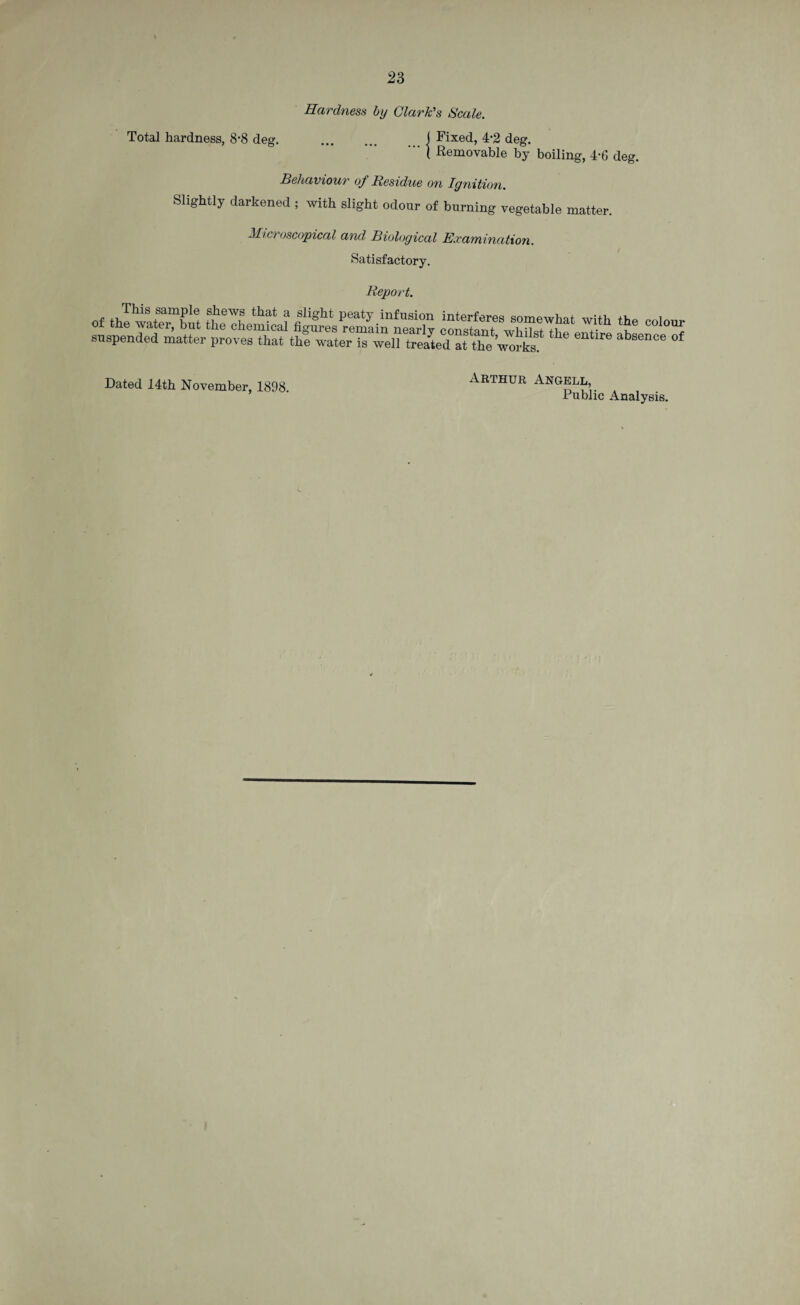 2 3 Hardness by Clark's Scale. Total hardness, 8-8 deg. . I Fixed, 4*2 deg. ( Removable by boiling, 4*6 deg. Behaviour of Residue on Ignition. Slightly darkened ; with slight odour of burning vegetable matter. Microscopical and Biological Examination. Satisfactory. txeport. Dated 14th November, 1898. Arthur Angell,