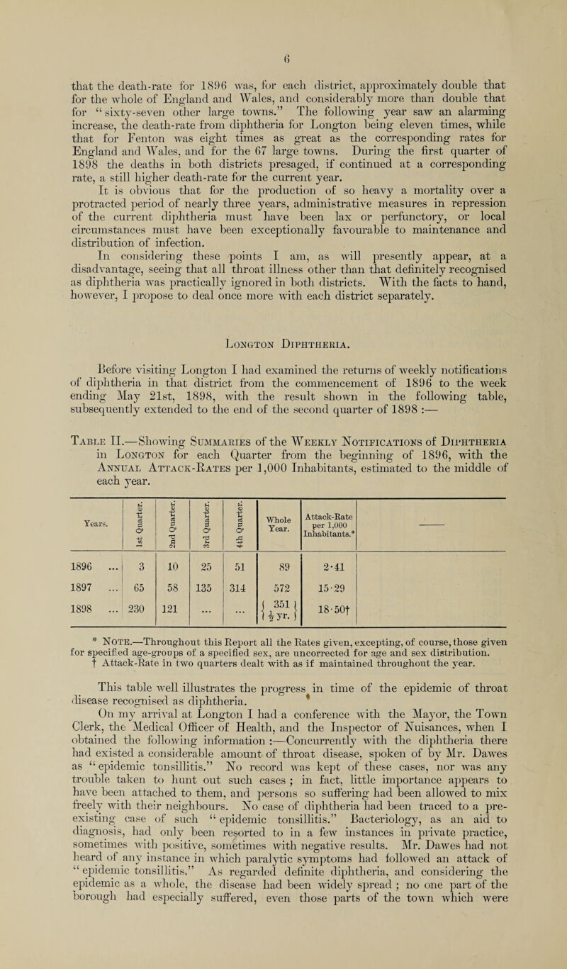 that the death-rate for 1896 was, for each district, approximately double that for the whole of England and Wales, and considerably more than double that for “ sixty-seven other large towns.” The following year saw an alarming increase, the death-rate from diphtheria for Longton being eleven times, while that for Fenton was eight times as great as the corresponding rates for England and Wales, and for the 67 large towns. During the first quarter of 1898 the deaths in both districts presaged, if continued at a corresponding rate, a still higher death-rate for the current year. It is obvious that for the production of so heavy a mortality over a protracted period of nearly three years, administrative measures in repression of the current diphtheria must have been lax or perfunctory, or local circumstances must have been exceptionally favourable to maintenance and distribution of infection. In considering these points I am, as will presently appear, at a disadvantage, seeing that all throat illness other than that definitely recognised as diphtheria was practically ignored in both districts. With the facts to hand, however, I propose to deal once more with each district separately. Longton Diphtheria. Before visiting Longton I had examined the returns of weekly notifications of diphtheria in that district from the commencement of 1896 to the week ending May 21st, 1898, with the result shown in the following table, subsequently extended to the end of the second quarter of 1898 :— Table II.—Showing Summaries of the Weekly Notifications of Diphtheria in Longton for each Quarter from the beginning of 1896, with the Annual Attack-Bates per 1,000 Inhabitants, estimated to the middle of each year. Years. 1st Quarter. 2nd Quarter. 3rd Quarter. 4bh Quarter. Whole Year. Attack-Rate per 1,000 Inhabitants.* 1896 ... 1897 ... 1898 ... 3 65 230 10 58 121 25 135 51 314 89 572 1 3511 1 i y*. j 2-41 15-29 18-50f * Note.—Throughout this Report all the Rates given, excepting, of course, those given for specified age-groups of a specified sex, are uncorrected for age and sex distribution, f Attack-Rate in two quarters dealt with as if maintained throughout the year. This table well illustrates the progress in time of the epidemic of throat disease recognised as diphtheria. On my arrival at Longton I had a conference with the Mayor, the Town Clerk, the Medical Officer of Health, and the Inspector of Nuisances, when I obtained the following information :—Concurrently with the diphtheria there had existed a considerable amount of throat disease, spoken of by Mr. Dawes as “epidemic tonsillitis.” No record was kept of these cases, nor was any trouble taken to hunt out such cases ; in fact, little importance appears to have been attached to them, and persons so suffering had been allowed to mix freely with their neighbours. No case of diphtheria had been traced to a pre¬ existing case of such “ epidemic tonsillitis.” Bacteriology, as an aid to diagnosis, had oidy been resorted to in a few instances in private practice, sometimes with positive, sometimes with negative results. Mr. Dawes had not heard of any instance in which paralytic symptoms had followed an attack of “ epidemic tonsillitis.” As regarded definite diphtheria, and considering the epidemic as a whole, the disease had been widely spread ; no one part of the borough had especially suffered, even those parts of the town which were