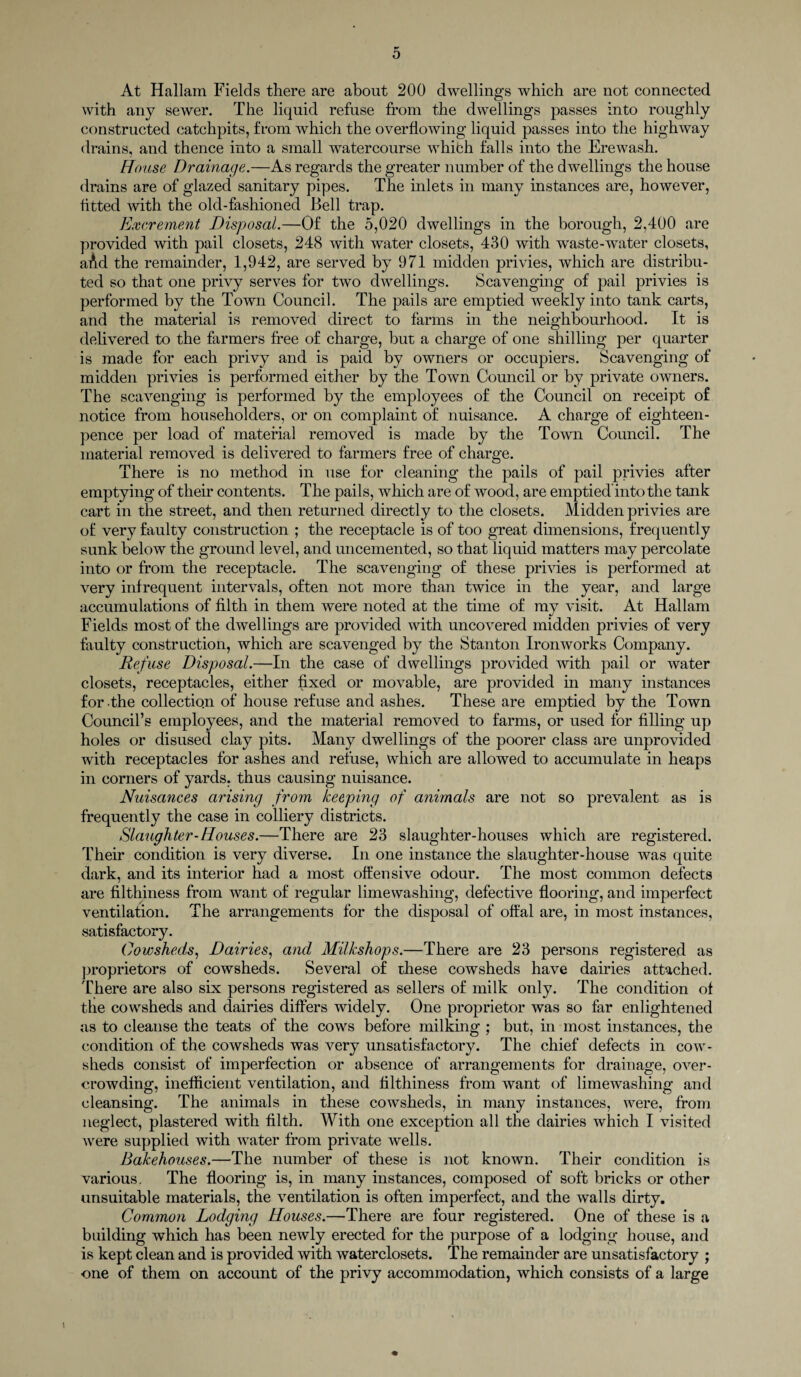 p* o At Hallam Fields there are about 200 dwelling’s which are not connected with any sewer. The liquid refuse from the dwellings passes into roughly constructed catchpits, from which the overflowing liquid passes into the highway drains, and thence into a small watercourse whibh falls into the Erewash. House Drainage.—As regards the greater number of the dwellings the house drains are of glazed sanitary pipes. The inlets in many instances are, however, fitted with the old-fashioned Bell trap. Excrement Disposal.—Of the 5,020 dwellings in the borough, 2,400 are provided with pail closets, 248 with water closets, 430 with waste-water closets, aAd the remainder, 1,942, are served by 971 midden privies, which are distribu¬ ted so that one privy serves for two dwellings. Scavenging of pail privies is performed by the Town Council. The pails are emptied weekly into tank carts, and the material is removed direct to farms in the neighbourhood. It is delivered to the farmers free of charge, but a charge of one shilling per quarter is made for each privy and is paid by owners or occupiers. Scavenging of midden privies is performed either by the Town Council or by private owners. The scavenging is performed by the employees of the Council on receipt of notice from householders, or on complaint of nuisance. A charge of eighteen- pence per load of material removed is made by the Town Council. The material removed is delivered to farmers free of charge. There is no method in use for cleaning the pails of pail privies after emptying of their contents. The pails, which are of wood, are emptied'into the tank cart in the street, and then returned directly to the closets. Midden privies are of very faulty construction ; the receptacle is of too great dimensions, frequently sunk below the ground level, and uncemented, so that liquid matters may percolate into or from the receptacle. The scavenging of these privies is performed at very infrequent intervals, often not more than twice in the year, and large accumulations of filth in them were noted at the time of my visit. At Hallam Fields most of the dwellings are provided with uncovered midden privies of very faulty construction, which are scavenged by the Stanton Ironworks Company. Refuse Disposal.—In the case of dwellings provided with pail or water closets, receptacles, either fixed or movable, are provided in many instances for the collection of house refuse and ashes. These are emptied by the Town Council’s employees, and the material removed to farms, or used for filling up holes or disused clay pits. Many dwellings of the poorer class are unprovided with receptacles for ashes and refuse, which are allowed to accumulate in heaps in corners of yards, thus causing nuisance. Nuisances arising from keeping of animals are not so prevalent as is frequently the case in colliery districts. Slaughter-Houses.—There are 23 slaughter-houses which are registered. Their condition is very diverse. In one instance the slaughter-house was quite dark, and its interior had a most offensive odour. The most common defects are filthiness from want of regular limewashing, defective flooring, and imperfect ventilation. The arrangements for the disposal of offal are, in most instances, satisfactory. Cowsheds, Dairies, and Milkshops.—There are 23 persons registered as proprietors of cowsheds. Several of these cowsheds have dairies attached. There are also six persons registered as sellers of milk only. The condition of the cowsheds and dairies differs widely. One proprietor was so far enlightened as to cleanse the teats of the cows before milking ; but, in most instances, the condition of the cowsheds was very unsatisfactory. The chief defects in cow¬ sheds consist of imperfection or absence of arrangements for drainage, over¬ crowding, inefficient ventilation, and filthiness from want of limewashing and cleansing. The animals in these cowsheds, in many instances, were, from neglect, plastered with filth. With one exception all the dairies which I visited were supplied with water from private wells. Bakehouses.—The number of these is not known. Their condition is various. The flooring is, in many instances, composed of soft bricks or other unsuitable materials, the ventilation is often imperfect, and the walls dirty. Common Lodging Houses.—There are four registered. One of these is a building which has been newly erected for the purpose of a lodging house, and is kept clean and is provided with waterclosets. The remainder are unsatisfactory ; one of them on account of the privy accommodation, which consists of a large