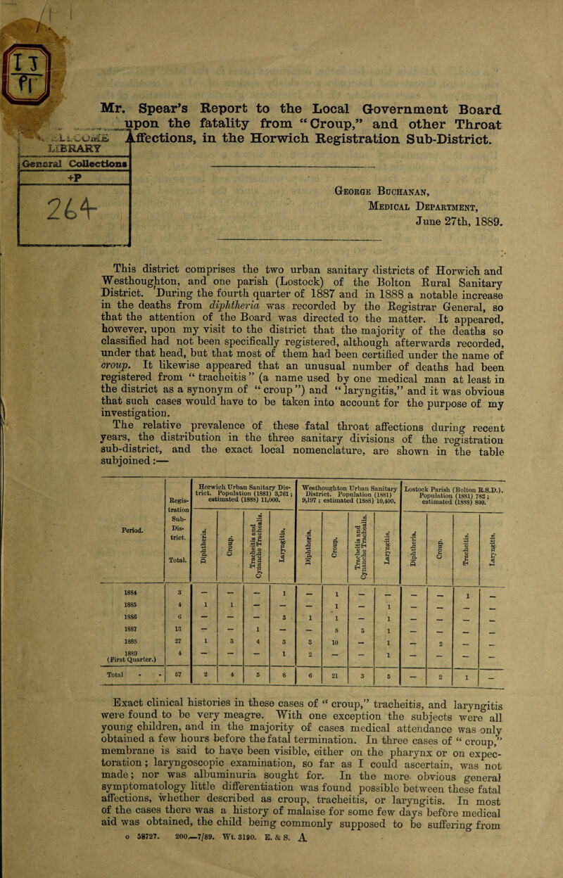 Mr. Spear’s Report to the Local Government Board MT. ... — 1 upon the fatality from “Croup,” and other Throat Affections, in the Horwich Registration Sub-District. LIBRARY T I General Collections George Buchanan, Medical Department, June 27th, 1889. This district comprises the two urban sanitary districts of Horwich and Westhoughton, and one parish (Lostock) of the Bolton Rural Sanitary District. During the fourth quarter of 1887 and in 1888 a notable increase in the deaths from diphtheria was recorded by the Registrar General, so that the attention of the Board was directed to the matter. It appeared, however, upon my visit to the district that the majority of the deaths so classified had not been specifically registered, although afterwards recorded, under that head, but that most of them had been certified under the name of croup. It likewise appeared that an unusual number of deaths had been registered from “ tracheitis ” (a name used by one medical man at least in the district as a synonym of “ croup ”) and “ laryngitis,” and it was obvious that such cases would have to be taken into account for the purpose of my investigation. The relative . prevalence of these fatal throat affections during recent years, the distribution in the three sanitary divisions of the registration sub-district, and the exact local nomenclature, are shown in the table subjoined:— Regis¬ tration Sub- Dis¬ trict. Total. Horwich Urban Sanitary Dis¬ trict. Population (1881) 3,761; estimated (1888) 11,000. Westhoughton Urban Sanitary District. Population (1881) 9,197 ; estimated (18s8) 10,400. Lostock Parish (Bolton R.S.D.). Population (1881) 782 ; estimated (1888) 800. Period. Diphtheria. Croup. Tracheitis and Cynanche Trachealis. Laryngitis. Diphtheria. Croup. Tracheitis and Cynanche Trachealis. CC U. S3 B a Diphtheria. Croup. Tracheitis. Laryngitis. 1884 3 — — — 1 — 1 — — _ _ 1 1885 4 1 1 — — — 1 — i — 1886 6 — — — 3 1 1 — i — — - - 1887 13 — — 1 — — 8 3 i — — _ , 188S 27 1 3 4 3 3 10 — i — 2 _ _ 1889 (First Quarter.) 4 — — 1 2 — — i — — — — Total 67 2 4 6 8 6 21 3 5 — 2 1 — Exact clinical histories in these cases of “ croup,” tracheitis, and laryngitis were found to be very meagre. With one exception the subjects were& all young children, and in the majority of cases medical attendance was only obtained a few hours before the fatal termination. In three cases of “ croup,” membrane is said to have been visible, either on the pharynx or on expec¬ toration ; laryngoscopic examination, so far as I could ascertain, was not made; nor was albuminuria sought for. In the more obvious general symptomatology little differentiation was found possible between these fatal affections, whether described as croup, tracheitis, or laryngitis. In most of the cases there was a history of malaise for some few days before medical aid was obtained, the child being commonly supposed to be suffering from o 58727. 200—7/89. Wt. 3190. E. & S. A