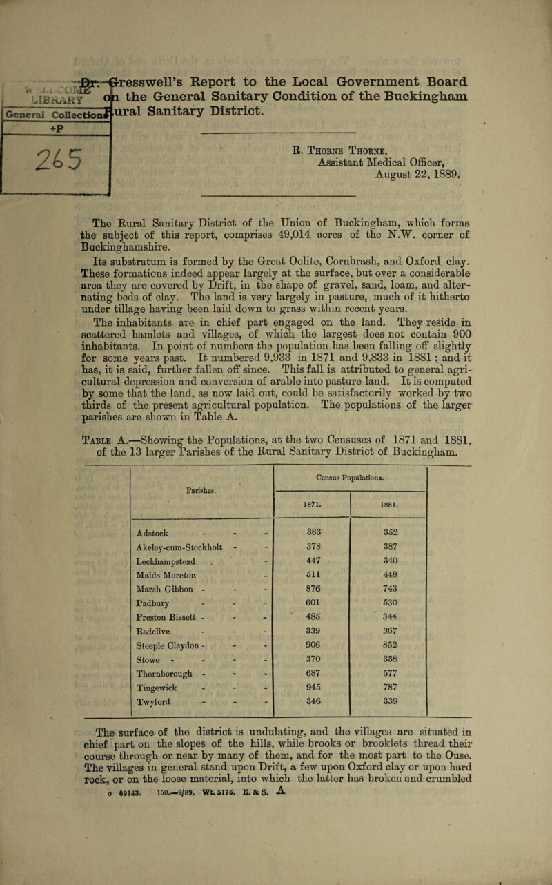 j UBRAR.Y General Collection^ ess well’s Report to the Local Government Board opi the General Sanitary Condition of the Buckingham ural Sanitary District. +p 265 R. Thorne Thorne, Assistant Medical Officer, August 22, 1889. The Rural Sanitary District of the Union of Buckingham, which forms the subject of this report, comprises 49,014 acres of the N.W. Corner of Buckinghamshire. Its substratum is formed by the Great Oolite, Cornbrash, and Oxford clay. These formations indeed appear largely at the surface, but over a considerable area they are covered by Drift, in the shape of gravel, sand, loam, and alter¬ nating beds of clay. The land is very largely in pasture, much of it hitherto under tillage having been laid down to grass within recent years. The inhabitants are in chief part engaged on the land. They reside in scattered hamlets and villages, of which the largest does not contain 900 inhabitants. In point of numbers the population has been falling off slightly for some years past. It numbered 9,933 in 1871 and 9,833 in 1881; and it has, it is said, further fallen off since. This fall is attributed to general agri¬ cultural depression and conversion of arable into pasture land. It is computed by some that the land, as now laid out, could be satisfactorily worked by two thirds of the present agricultural population. The populations of the larger parishes are shown in Table A. Table A.—Showing the Populations, at the two Censuses of 1871 and 1881, of the 13 larger Parishes of the Rural Sanitary District of Buckingham. Parishes. Census Populations. 1871. 1881. Adstock - 383 352 Akeley-cum-Stockliolt - 378 387 Leckhampstead - 447 340 Maids Moreton - 511 448 Marsh Gibbon - - 876 743 Padbury - 601 530 Preston Bissett - - 485 344 Radclive - 339 367 Steeple Claydon - - 906 852 Stowe - - 370 338 Thornborough - 687 577 Tingewick - 945 787 Twyford - 346 339 The surface of the district is undulating, and the villages are situated in chief part on the slopes of the hills, while brooks or brooklets thread their course through or near by many of them, and for the most part to the Ouse. The villages in general stand upon Drift, a few upon Oxford clay or upon hard rock, or on the loose material, into which the latter has broken and crumbled 150.—9/89. Wt. 5176. E. 8s S. A o 59143.