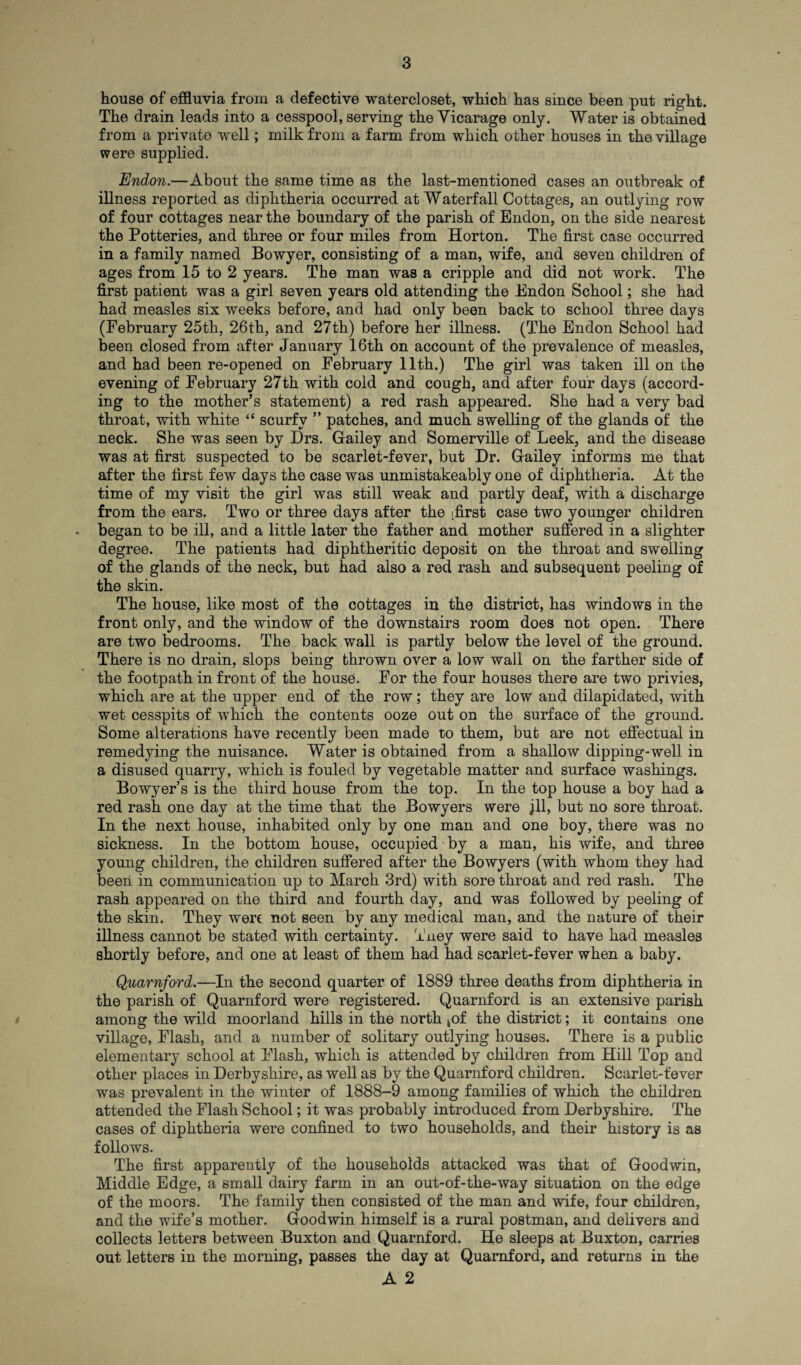house of effluvia from a defective watercloset, which has since been put right. The drain leads into a cesspool, serving the Vicarage only. Water is obtained from a private well; milk from a farm from which other houses in the village were supplied. Endon.—About the same time as the last-mentioned cases an outbreak of illness reported as diphtheria occurred at Waterfall Cottages, an outlying row of four cottages near the boundary of the parish of Endon, on the side nearest the Potteries, and three or four miles from Horton. The first case occurred in a family named Bowyer, consisting of a man, wife, and seven children of ages from 15 to 2 years. The man was a cripple and did not work. The first patient was a girl seven years old attending the Endon School; she had had measles six weeks before, and had only been back to school three days (February 25th, 26th, and 27th) before her illness. (The Endon School had been closed from after January 16th on account of the prevalence of measles, and had been re-opened on February 11th.) The girl was taken ill on the evening of February 27th with cold and cough, and after four days (accord¬ ing to the mother’s statement) a red rash appeared. She had a very bad throat, with white “ scurfy ” patches, and much swelling of the glands of the neck. She was seen by Drs. Gailey and Somerville of Leek, and the disease was at first suspected to be scarlet-fever, but Dr. Gailey informs me that after the first few days the case was unmistakeably one of diphtheria. At the time of my visit the girl was still weak and partly deaf, with a discharge from the ears. Two or three days after the [first case two younger children . began to be ill, and a little later the father and mother suffered in a slighter degree. The patients had diphtheritic deposit on the throat and swelling of the glands of the neck, but had also a red rash and subsequent peeling of the skin. The house, like most of the cottages in the district, has windows in the front only, and the window of the downstairs room does not open. There are two bedrooms. The back wall is partly below the level of the ground. There is no drain, slops being thrown over a low wall on the farther side of the footpath in front of the house. For the four houses there are two privies, which are at the upper end of the row; they are low and dilapidated, with wet cesspits of which the contents ooze out on the surface of the ground. Some alterations have recently been made to them, but are not effectual in remedying the nuisance. Water is obtained from a shallow dipping-well in a disused quarry, which is fouled by vegetable matter and surface washings. Bowyers is the third house from the top. In the top house a boy had a red rash one day at the time that the Bowyers were jll, but no sore throat. In the next house, inhabited only by one man and one boy, there was no sickness. In the bottom house, occupied by a man, his wife, and three young children, the children suffered after the Bowyers (with whom they had been in communication up to March 3rd) with sore throat and red rash. The rash appeared on the third and fourth day, and was followed by peeling of the skin. They were not seen by any medical man, and the nature of their illness cannot be stated with certainty. Tney were said to have had measles shortly before, and one at least of them had had scarlet-fever when a baby. Quarnford.—In the second quarter of 1889 three deaths from diphtheria in the parish of Quarnford were registered. Quarnford is an extensive parish among the wild moorland hills in the north tof the district; it contains one village, Flash, and a number of solitary outlying houses. There is a public elementary school at Flash, which is attended by children from Hill Top and other places in Derbyshire, as well as by the Quarnford children. Scarlet-fever was prevalent in the winter of 1888-9 among families of which the children attended the Flash School; it was probably introduced from Derbyshire. The cases of diphtheria were confined to two households, and their history is as follows. The first apparently of the households attacked was that of Goodwin, Middle Edge, a small dairy farm in an out-of-the-way situation on the edge of the moors. The family then consisted of the man and wife, four children, and the wife’s mother. Goodwin himself is a rural postman, and delivers and collects letters between Buxton and Quarnford. He sleeps at Buxton, carries out letters in the morning, passes the day at Quarnford, and returns in the