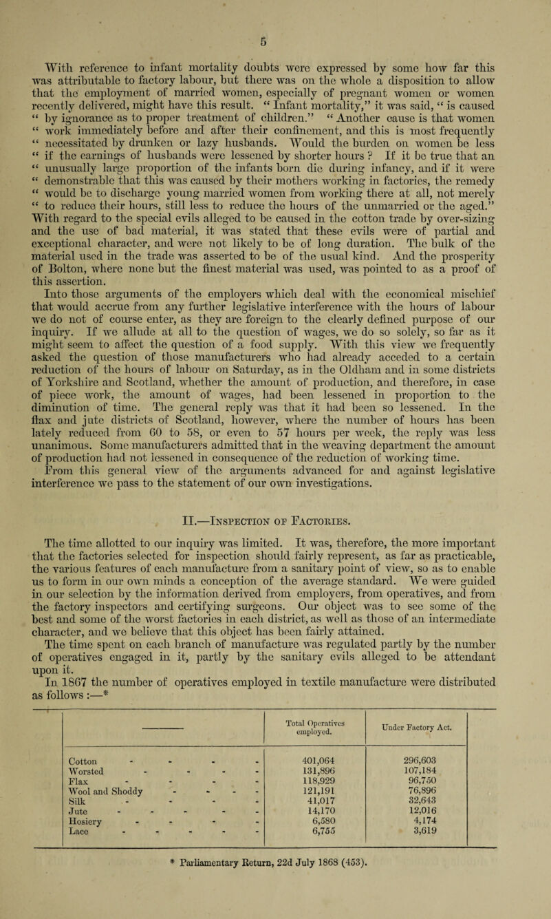 With reference to infant mortality doubts were expressed by some how far this was attributable to factory labour, but there was on the whole a disposition to allow that the employment of married women, especially of pregnant women or women recently delivered, might have this result. “ Infant mortality,” it was said, “ is caused “ by ignorance as to proper treatment of children.” “ Another cause is that women “ work immediately before and after their confinement, and this is most frequently “ necessitated by drunken or lazy husbands. Would the burden on women be less “ if the earnings of husbands were lessened by shorter hours ? If it be true that an “ unusually large proportion of the infants born die during infancy, and if it were “ demonstrable that this was caused by their mothers working in factories, the remedy “ would be to discharge young married women from working there at all, not merely “ to reduce their hours, still less to reduce the hours of the unmarried or the aged.” With regard to the special evils alleged to be caused in the cotton trade by over-sizing and the use of bad material, it was stated that these evils were of partial and exceptional character, and were not likely to be of long duration. The bulk of the material used in the trade was asserted to be of the usual kind. And the prosperity of Bolton, where none but the finest material was used, was pointed to as a proof of this assertion. Into those arguments of the employers which deal with the economical mischief that would accrue from any further legislative interference with the hours of labour we do not of course enter, as they are foreign to the clearly defined purpose of our inquiry. If we allude at all to the question of wages, we do so solely, so far as it might seem to affect the question of a food supply. With this view we frequently asked the question of those manufacturers who had already acceded to a certain reduction of the hours of labour on Saturday, as in the Oldham and in some districts of Yorkshire and Scotland, whether the amount of production, and therefore, in case of piece work, the amount of wages, had been lessened in proportion to the diminution of time. The general reply was that it had been so lessened. In the flax and jute districts of Scotland, however, where the number of hours has been lately reduced from 60 to 58, or even to 57 hours per week, the reply was less unanimous. Some manufacturers admitted that in the weaving department the amount of production had not lessened in consequence of the reduction of working time. From this general view of the arguments advanced for and against legislative interference we pass to the statement of our own investigations. II.—Inspection oe Factories. The time allotted to our inquiry was limited. It was, therefore, the more important that the factories selected for inspection should fairly represent, as far as practicable, the various features of each manufacture from a sanitary point of view, so as to enable us to form in our own minds a conception of the average standard. We were guided in our selection by the information derived from employers, from operatives, and from the factory inspectors and certifying surgeons. Our object was to see some of the best and some of the worst factories in each district, as well as those of an intermediate character, and we believe that this object has been fairly attained. The time spent on each branch of manufacture was regulated partly by the number of operatives engaged in it, partly by the sanitary evils alleged to be attendant upon it. In 1867 the number of operatives employed in textile manufacture were distributed as follows :—* Total Operatives employed. Under Eactory Act. Cotton - 401,064 296,603 Worsted - ... 131,896 107,184 Flax - 118,929 96,750 Wool and Shoddy - - 121,191 41,017 76,896 Silk .... 32,643 J ute - - - 14,170 12,016 Hosiery - 6,580 4,174 Lace ----- 6,755 3,619 * Parliamentary Return, 22d July 1868 (453).