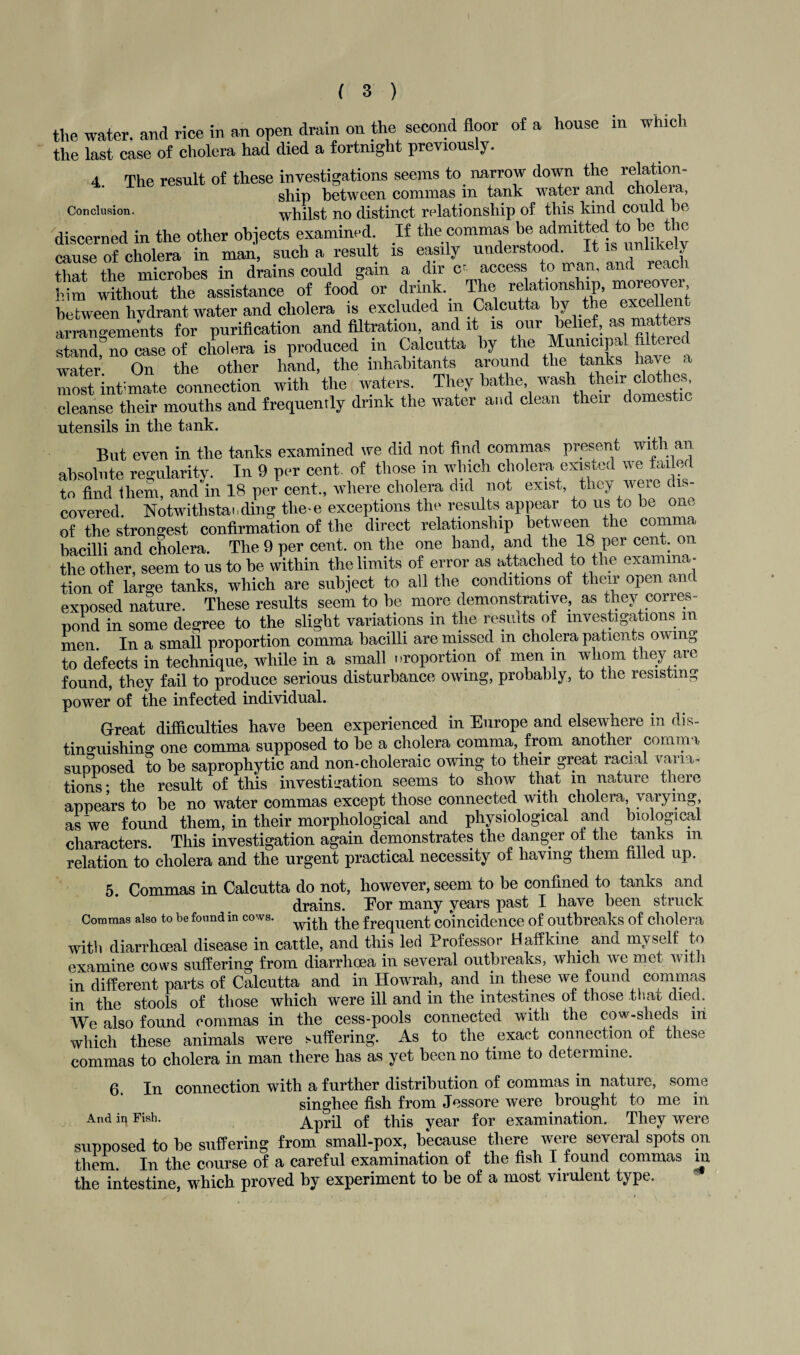 the water, and rice in an open drain on the second floor of a house in which the last case of cholera had died a fortnight previously. 4. The result of these investigations seems to narrow down the relation- ship between commas in tank water and choleia, Conclusion. whilst no distinct relationship of this kind could he discerned in the other objects examined If the commas be admitted to he the cause of cholera in man, such a result is easily understood. It is unli y that the microbes in drains could gain a dir m access to man, and reach him without the assistance of food or drink. The r^tio^p, between hydrant water and cholera is excluded in Calcutta by the excc arrangements for purification and filtration, and it is our Relief, as matters Sno case of cholera is produced in Calcutta by the Municipal filtered water On the other hand, the inhabitants around the tanks have a most intimate connection with the waters They bathe wa\^eird^tl^ cleanse their mouths and frequently drink the water and clean then domestic utensils in the tank. But even in the tanks examined we did not find commas present with an absolute regularity. In 9 per cent, of those in which cholera existed we tailed to find them, and m 18 per cent., where cholera did not exist, they were dis¬ covered. Notwithstanding tlie-e exceptions the results appear to us to be one of the strongest confirmation of the direct relationship between the comma bacilli and cholera. The 9 per cent, on the one hand, and the 18 per cent, on the other, seem to us to be within the limits of error as attached to the examina¬ tion of large tanks, which are subject to all the conditions of their open and exposed nature. These results seem to be more demonstrative, as they corres¬ pond in some degree to the slight variations in the results of investigations m men. In a small proportion comma bacilli are missed m cholera patients owing to defects in technique, while in a small proportion of men m whom they are found, they fail to produce serious disturbance owing, probably, to the resisting power of the infected individual. G-reat difficulties have been experienced in Europe and elsewhere in dis¬ tinguishing one comma supposed to be a cholera comma, from another comma supposed to be saprophytic and non-choleraic owing to their great racial varia¬ tions- the result of this investigation seems to show that m nature there appears to be no water commas except those connected with cholera varying as we found them, in their morphological and physiological and biological characters. This investigation again demonstrates the danger ot the tanks m relation to cholera and the urgent practical necessity of having them filled up. 5 Commas in Calcutta do not, however, seem to be confined to tanks and drains. Eor many years past I have been struck Commas also to be found in cows. fluent coincidence of outbreaks of cholera with diarrhoeal disease in cattle, and this led Professor Haffkine and myself to examine cows suffering from diarrhoea in several outbreaks, which we met with in different parts of Calcutta and in Howrah, and in these we found commas in the stools of those which were ill and in the intestines of those that died. We also found commas in the cess-pools connected with the cow-sheds in which these animals were suffering. As to the exact connection of these commas to cholera in man there has as yet been no time to determine. 6. In connection with a further distribution of commas in nature, some singhee fish from Jessore were brought to me in And iq Fish. April of this year for examination. They were supposed to be suffering from small-pox, because there were several spots on them. In the course of a careful examination of the fish I found commas m the intestine, which proved by experiment to be of a most virulent type.