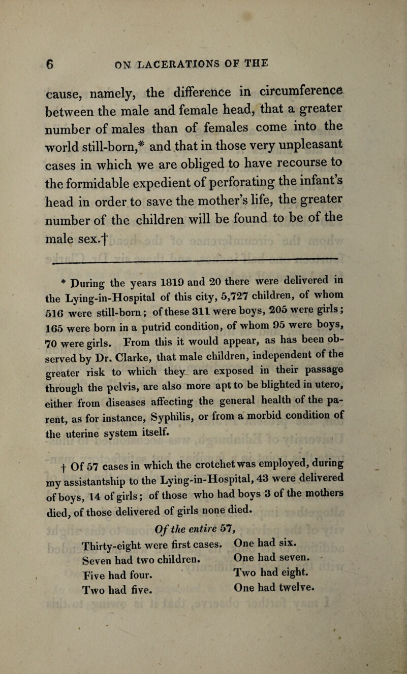cause, namely, the difference in circumference between the male and female head, that a greater number of males than of females come into the world still-born,# and that in those very unpleasant cases in which we are obliged to have recourse to the formidable expedient of perforating the infant s head in order to save the mother’s life, the greater number of the children will be found to be of the male sex.f * During the years 1819 and 20 there were delivered in the Lying-in-Hospital of this city, 5,727 children, of whom 516 were still-born; of these 311 were boys, 205 were girls; 165 were bom in a putrid condition, of whom 95 were boys, 70 were girls. From this it would appear, as has been ob¬ served by Dr. Clarke, that male children, independent of the greater risk to which they, are exposed in their passage through the pelvis, are also more apt to be blighted in utero, either from diseases affecting the general health of the pa¬ rent, as for instance, Syphilis, or from a morbid condition of the uterine system itself. f Of 57 cases in which the crotchet was employed, during my assistantsliip to the Lying-in-Hospital, 43 were delivered of boys, 14 of girls; of those who had boys 3 of the mothers died, of those delivered of girls none died. Of the entire 57, Thirty-eight were first cases. Seven had two children. Live had four. Two had five. One had six. One had seven. Two had eight. One had twelve.