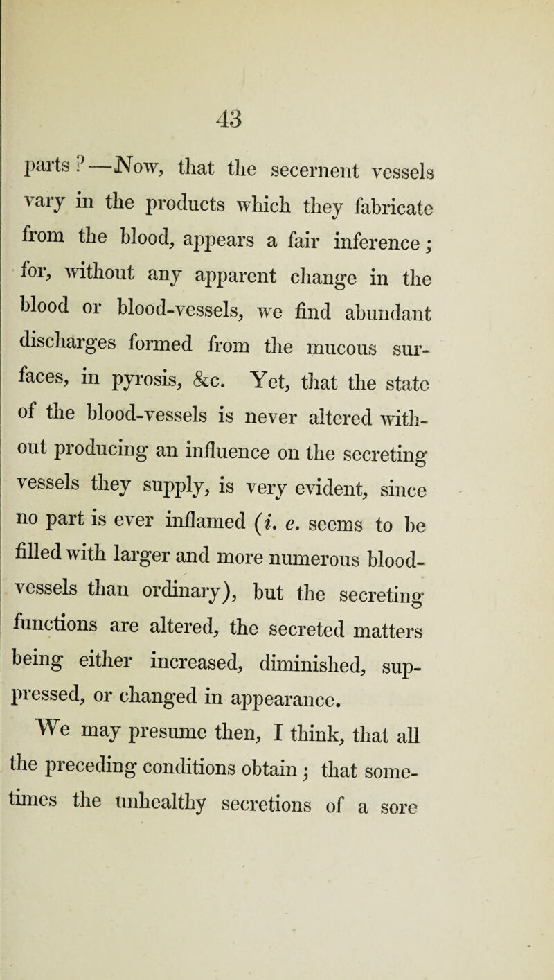 parts?-—Now, that the secernent vessels a ary in the products which they fabricate fiom the blood, appears a fair inference; for, without any apparent change in the blood or blood-vessels, we find abundant discharges formed from the mucous sur¬ faces, in pyrosis, &c. Yet, that the state of the blood-vessels is never altered with¬ out producing an influence on the secreting vessels they supply, is very evident, since no part is ever inflamed (i. e. seems to he filled with larger and more numerous blood¬ vessels than ordinary), but the secreting* functions are altered, the secreted matters being either increased, diminished, sup¬ pressed, or changed in appearance. We may presume then, I think, that all the preceding conditions obtain • that some¬ times the unhealthy secretions of a sore