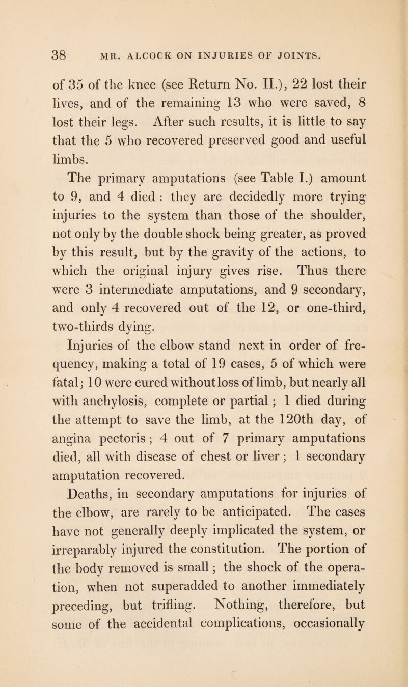 of 35 of the knee (see Return No. II.), 22 lost their lives, and of the remaining 13 who were saved, 8 lost their legs. After such results, it is little to say that the 5 who recovered preserved good and useful limbs. The primary amputations (see Table I.) amount to 9, and 4 died : they are decidedly more trying injuries to the system, than those of the shoulder, not only by the double shock being greater, as proved by this result, but by the gravity of the actions, to which the original injury gives rise. Thus there were 3 intermediate amputations, and 9 secondary, and only 4 recovered out of the 12, or one-third, two-thirds dying. Injuries of the elbow stand next in order of fre¬ quency, making a total of 19 cases, 5 of which were fatal; 10 were cured without loss of limb, but nearly all with anchylosis, complete or partial; 1 died during the attempt to save the limb, at the 120th day, of angina pectoris ; 4 out of 7 primary amputations died, all with disease of chest or liver; 1 secondary amputation recovered. Deaths, in secondary amputations for injuries of the elbow, are rarely to be anticipated. The cases have not generally deeply implicated the system, or irreparably injured the constitution. The portion of the body removed is small; the shock of the opera¬ tion, when not superadded to another immediately preceding, but trifling. Nothing, therefore, but some of the accidental complications, occasionally