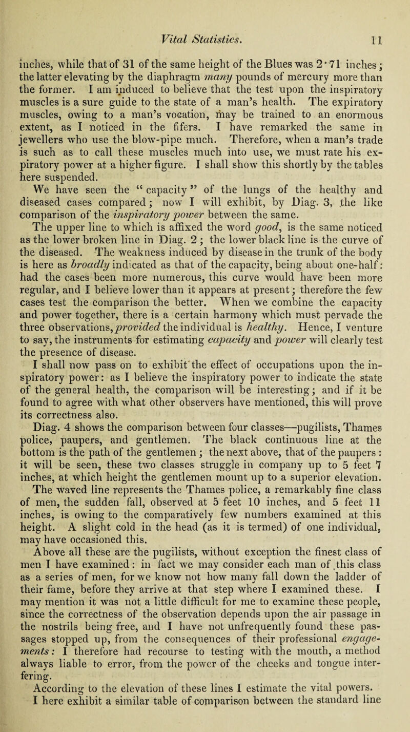 inches, while that of 31 of the same height of the Blues was 2*71 inches; the latter elevating by the diaphragm many pounds of mercury more than the former. I am induced to believe that the test upon the inspiratory muscles is a sure guide to the state of a man’s health. The expiratory muscles, owing to a man’s vocation, may be trained to an enormous extent, as I noticed in the fifers. I have remarked the same in jewellers who use the blow-pipe much. Therefore, when a man’s trade is such as to call these muscles much into use, we must rate his ex¬ piratory power at a higher figure. I shall show this shortly by the tables here suspended. We have seen the “ capacity ” of the lungs of the healthy and diseased cases compared; now I will exhibit, by Diag. 3, the like comparison of the inspiratory poiver between the same. The upper line to which is affixed the word good, is the same noticed as the lower broken line in Diag. 2 ; the lower black line is the curve of the diseased. The weakness induced by disease in the trunk of the body is here as broadly indicated as that of the capacity, being about one-half: had the cases been more numerous, this curve would have been more regular, and I believe lower than it appears at present; therefore the few cases test the comparison the better. When we combine the capacity and power together, there is a certain harmony which must pervade the three observations,/>nwzcfedrtheindividual is healthy. Hence, I venture to say, the instruments for estimating capacity and power will clearly test the presence of disease. I shall now pass on to exhibit the effect of occupations upon the in¬ spiratory power: as I believe the inspiratory power to indicate the state of the general health, the comparison will be interesting; and if it be found to agree with what other observers have mentioned, this will prove its correctness also. Diag. 4 shows the comparison between four classes—pugilists, Thames police, paupers, and gentlemen. The black continuous line at the bottom is the path of the gentlemen ; the next above, that of the paupers : it will be seen, these two classes struggle in company up to 5 feet 7 inches, at which height the gentlemen mount up to a superior elevation. The waved line represents the Thames police, a remarkably fine class of men, the sudden fall, observed at 5 feet 10 inches, and 5 feet 11 inches, is owing to the comparatively few numbers examined at this height. A slight cold in the head (as it is termed) of one individual, may have occasioned this. Above all these are the pugilists, without exception the finest class of men I have examined: in fact we may consider each man of,this class as a series of men, for we know not how many fall down the ladder of their fame, before they arrive at that step where I examined these. I may mention it was not a little difficult for me to examine these people, since the correctness of the observation depends upon the air passage in the nostrils being free, and I have not unfrequently found these pas¬ sages stopped up, from the consequences of their professional engage¬ ments : I therefore had recourse to testing with the mouth, a method always liable to error, from the power of the cheeks and tongue inter¬ fering. According to the elevation of these lines I estimate the vital powers. I here exhibit a similar table of comparison between the standard line