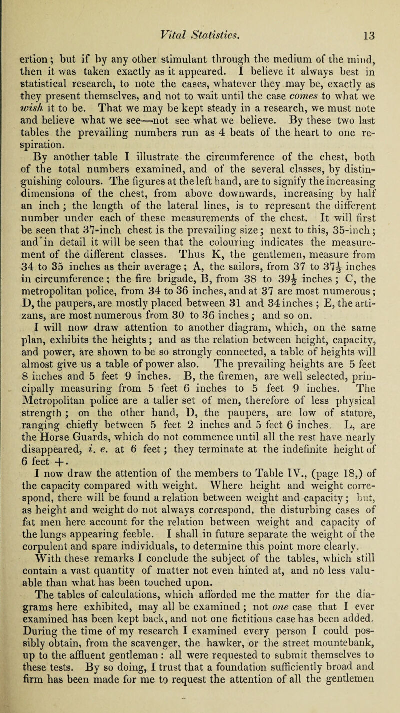ertion; but if by any other stimulant through the medium of the mind, then it was taken exactly as it appeared. I believe it always best in statistical research, to note the cases, whatever they may be, exactly as they present themselves, and not to wait until the case comes to what we wish it to be. That we may be kept steady in a research, we must note and believe what we see—not see what we believe. By these two last tables the prevailing numbers run as 4 beats of the heart to one re¬ spiration. By another table I illustrate the circumference of the chest, both of the total numbers examined, and of the several classes, by distin¬ guishing colours. The figures at the left band, are to signify the increasing dimensions of the chest, from above downwards, increasing by half an inch; the length of the lateral lines, is to represent the different number under each of these measurements of the chest. It will first be seen that 37-inch chest is the prevailing size; next to this, 35-inch; and”in detail it will be seen that the colouring indicates the measure¬ ment of the different classes. Thus K, the gentlemen, measure from 34 to 35 inches as their average; A, the sailors, from 37 to 37J inches in circumference; the fire brigade, B, from 38 to 39^ inches; C, the metropolitan police, from 34 to 36 inches, and at 37 are most numerous; D, the paupers, are mostly placed between 31 and 34 inches ; E, the arti- zans, are most numerous from 30 to 36 inches; and so on. I will now draw attention to another diagram, which, on the same plan, exhibits the heights; and as the relation between height, capacity, and power, are shown to be so strongly connected, a table of heights will almost give us a table of power also. The prevailing heights are 5 feet 8 inches and 5 feet 9 inches. B, the firemen, are well selected, prin¬ cipally measuring from 5 feet 6 inches to 5 feet 9 inches. The Metropolitan police are a taller set of men, therefore of less physical strength ; on the other hand, D, the paupers, are low of stature, ranging chiefly between 5 feet 2 inches and 5 feet 6 inches L, are the Horse Guards, which do not commence until all the rest have nearly disappeared, i. e. at 6 feet; they terminate at The indefinite height of 6 feet + . I now draw the attention of the members to Table IV., (page 18,) of the capacity compared with weight. Where height and weight corre¬ spond, there will be found a relation between weight and capacity; but, as height and weight do not always correspond, the disturbing cases of fat men here account for the relation between weight and capacity of the lungs appearing feeble. I shall in future separate the weight of the corpulent and spare individuals, to determine this point more clearly. With these remarks I conclude the subject of the tables, which still contain a vast quantity of matter not even hinted at, and nO less valu¬ able than what has been touched upon. The tables of calculations, which afforded me the matter for the dia¬ grams here exhibited, may ail be examined; not one case that I ever examined has been kept back, and not one fictitious case has been added. During the time of my research I examined every person I could pos¬ sibly obtain, from the scavenger, the hawker, or the street mountebank, up to the affluent gentleman : all were requested to submit themselves to these tests. By so doing, I trust that a foundation sufficiently broad and firm has been made for me to request the attention of all the gentlemen