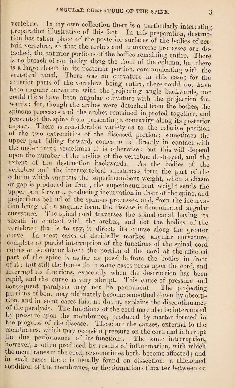 vertebra. In my own collection there is a particularly interesting preparation illustrative of this fact. In this preparation, destruc¬ tion has taken place of the posterior surfaces of the bodies of cer¬ tain vertebra, so that the arches and transverse processes are de¬ tached, the anterior portions of the bodies remaining entire. There is no breach of continuity along the front of the column, but there is a large chasm in its posterior portion, communicating with the vertebral canal. There was no curvature in this case; for the anterior parts of the vertebra being entire, there could not have been angular curvature with the projecting angle backwards, nor could there have been angular curvature with the projection for¬ wards ; for, though the arches were detached from the bodies, the spinous processes and the arches remained impacted together, and prevented the spine from presenting a concavity along its posterior aspect. There is considerable variety as to the relative position of the two extremities of the diseased portion; sometimes the upper part falling forward, comes to be directly in contact with the under part; sometimes it is otherwise ; but this will depend upon the number of the bodies of the vertebra destroyed, and the extent of the destruction backwards. As the bodies of the vertebra and the intervertebral substances form the part of the column which suj ports the superincumbent weight, when a chasm or gap is produced in front, the superincumbent weight sends the upper part forward, producing incurvation in front of the spine, and projections behind of the spinous processes, and, from the incurva¬ tion being of pn angular form, the disease is denominated angular i curvature. I le spinal cord traverses the spinal canal, having its i sheath in contact with the arches, and not the bodies of the vertebra; that is to say, it directs its course along the greater curve. In most cases of decidedly marked angular curvature, complete or partial interruption of the functions of the spinal cord comes on sooner or later : the portion of the cord at the affected part of the spine is as far as possible from the bodies in front of it; but still the bones do in some cases press upon the cord, and interrupt its functions, especially when the destruction has been rapid, and the curve is very abrupt. This cause of pressure and consequent paralysis may not be permanent. The projecting portions of bone may ultimately become smoothed down by absorp¬ tion, and in some cases this, no doubt, explains the discontinuance of the paralysis. The functions of the cord may also be interrupted by pressure upon the membranes, produced by matter formed in the progress of the disease. These are the causes, external to the membranes, which may occasion pressure on the cord and interrupt the due performance of its functions. The same interruption, however, is often produced by results of inflammation, with which the membranes or the cord, or sometimes both, become affected; and in such cases there is usually found on dissection, a thickened condition of the membranes, or the formation of matter between or