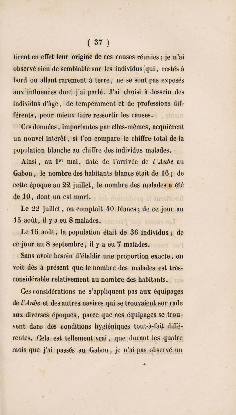 tirent en effet leur origine de ces causes réunies ; je n’ai observé rien de semblable sur les individus |qui, restés à bord ou allant rarement à terre, ne se sont pas exposés aux influences dont j’ai parlé. J’ai choisi à dessein des individus d’âge, de tempérament et de professions dif¬ férents, pour mieux faire ressortir les causes. Ces données, importantes par elles-mêmes, acquièrent un nouvel intérêt, si l’on compare le chiffre total de la population blanche au chiffre des individus malades. Ainsi, au 1er mai, date de l’arrivée de VAube au Gabon, le nombre des habitants blancs était de 16 ; de cette époque au 22 juillet, le nombre des malades a été de 10, dont un est mort. Le 22 juillet, on comptait 40 blancs ; de ce jour au 15 août, il y a eu 8 malades, Le 15 août, la population était de 36 individus ; de ce jour au 8 septembre, il y a eu 7 malades. Sans avoir besoin d’établir une proportion exacte, on voit dès à présent que le nombre des malades est très- considérable relativement au nombre des habitants. Ces considérations ne s’appliquent pas aux équipages de VAube et des autres navires qui se trouvaient sur rade aux diverses époques, parce que ces équipages se trou¬ vent dans des conditions hygiéniques tout-à-fait diffé¬ rentes. Cela est tellement vrai, que durant les quatre mois que j’ai passés au Gabon, je n’ai pas observé un