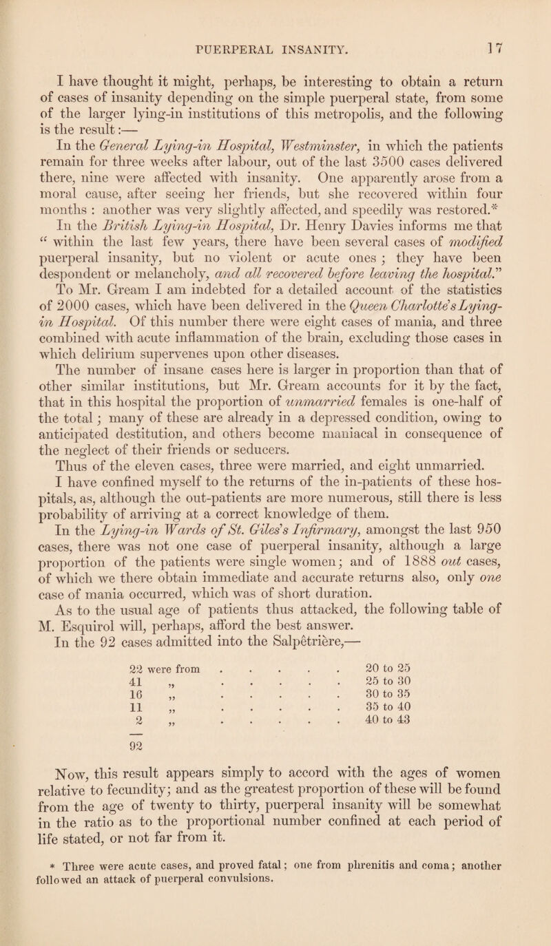 I have thought it might, perhaps, be interesting to obtain a return of cases of insanity depending on the simple puerperal state, from some of the larger lying-in institutions of this metropolis, and the following is the result:— In the General Lying-in Hospital, Westminster, in which the patients remain for three weeks after labour, out of the last 3500 cases delivered there, nine were affected with insanity. One apparently arose from a moral cause, after seeing her friends, but she recovered within four months : another was very slightly affected, and speedily was restored.* In the British Lying-in Hospital, Dr. Henry Davies informs me that a within the last few years, there have been several cases of modified puerperal insanity, but no violent or acute ones ; they have been despondent or melancholy, and all recovered before leaving the hospital.” To Mr. Gream I am indebted for a detailed account of the statistics of 2000 cases, which have been delivered in the Queen Charlottes Lying- in Hospital. Of this number there were eight cases of mania, and three combined with acute inflammation of the brain, excluding those cases in which delirium supervenes upon other diseases. The number of insane cases here is larger in proportion than that of other similar institutions, but Mr. Gream accounts for it by the fact, that in this hospital the proportion of unmarried females is one-half of the total; many of these are already in a depressed condition, owing to anticipated destitution, and others become maniacal in consequence of the neglect of their friends or seducers. Thus of the eleven cases, three were married, and eight unmarried. I have confined myself to the returns of the in-patients of these hos¬ pitals, as, although the out-patients are more numerous, still there is less probability of arriving at a correct knowledge of them. In the Lying-in Wards of St. Giles’s Infirmary, amongst the last 950 cases, there was not one case of puerperal insanity, although a large proportion of the patients were single women; and of 1888 out cases, of which we there obtain immediate and accurate returns also, only one case of mania occurred, which was of short duration. As to the usual age of patients thus attacked, the following table of M. Esquirol will, perhaps, afford the best answer. In the 92 cases admitted into the Salpetriere,— 22 were from 41 16 11 2 55 55 55 55 20 to 25 25 to 30 30 to 35 35 to 40 40 to 43 92 Now, this result appears simply to accord with the ages of women relative to fecundity; and as the greatest proportion of these will be found from the age of twenty to thirty, puerperal insanity will be somewhat in the ratio as to the proportional number confined at each period of life stated, or not far from it. * Three were acute cases, and pi'oved fatal; one from plirenitis and coma; another followed an attack of puerperal convulsions.