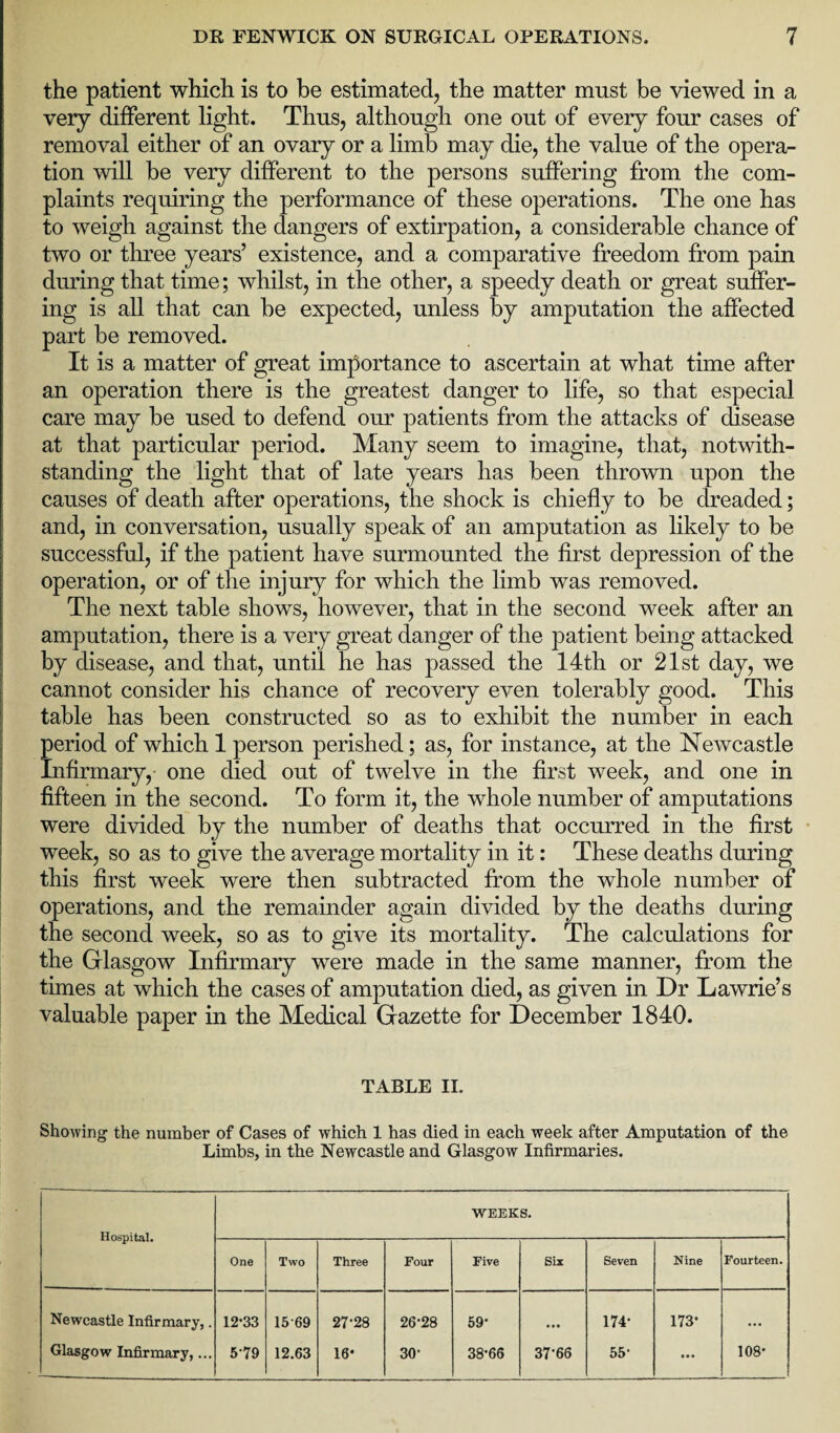 the patient which is to be estimated, the matter must be viewed in a very different light. Thus, although one out of every four cases of removal either of an ovary or a limb may die, the value of the opera¬ tion will be very different to the persons suffering from the com¬ plaints requiring the performance of these operations. The one has to weigh against the dangers of extirpation, a considerable chance of two or three years’ existence, and a comparative freedom from pain during that time; whilst, in the other, a speedy death or great suffer¬ ing is all that can be expected, unless by amputation the affected part be removed. It is a matter of great importance to ascertain at what time after an operation there is the greatest danger to life, so that especial care may be used to defend our patients from the attacks of disease at that particular period. Many seem to imagine, that, notwith¬ standing the light that of late years has been thrown upon the causes of death after operations, the shock is chiefly to be dreaded; and, in conversation, usually speak of an amputation as likely to be successful, if the patient have surmounted the first depression of the operation, or of the injury for which the limb was removed. The next table shows, however, that in the second week after an amputation, there is a very great danger of the patient being attacked by disease, and that, until he has passed the 14th or 21st day, we cannot consider his chance of recovery even tolerably good. This table has been constructed so as to exhibit the number in each period of which 1 person perished; as, for instance, at the Newcastle Infirmary, one died out of twelve in the first week, and one in fifteen in the second. To form it, the whole number of amputations were divided by the number of deaths that occurred in the first week, so as to give the average mortality in it: These deaths during this first week were then subtracted from the whole number of operations, and the remainder again divided by the deaths during the second week, so as to give its mortality. The calculations for the Glasgow Infirmary were made in the same manner, from the times at which the cases of amputation died, as given in Dr Lawrie’s valuable paper in the Medical Gazette for December 1840. TABLE II. Showing the number of Cases of which 1 has died in each week after Amputation of the Limbs, in the Newcastle and Glasgow Infirmaries. WEEKS. One Two Three Four Five Six Seven Nine Fourteen. Newcastle Infirmary,. 12-33 1569 27-28 26-28 59- • •• 174- 173- ... Glasgow Infirmary,... 5-79 12.63 16* 30- 38-66 37-66 55- ... 108*