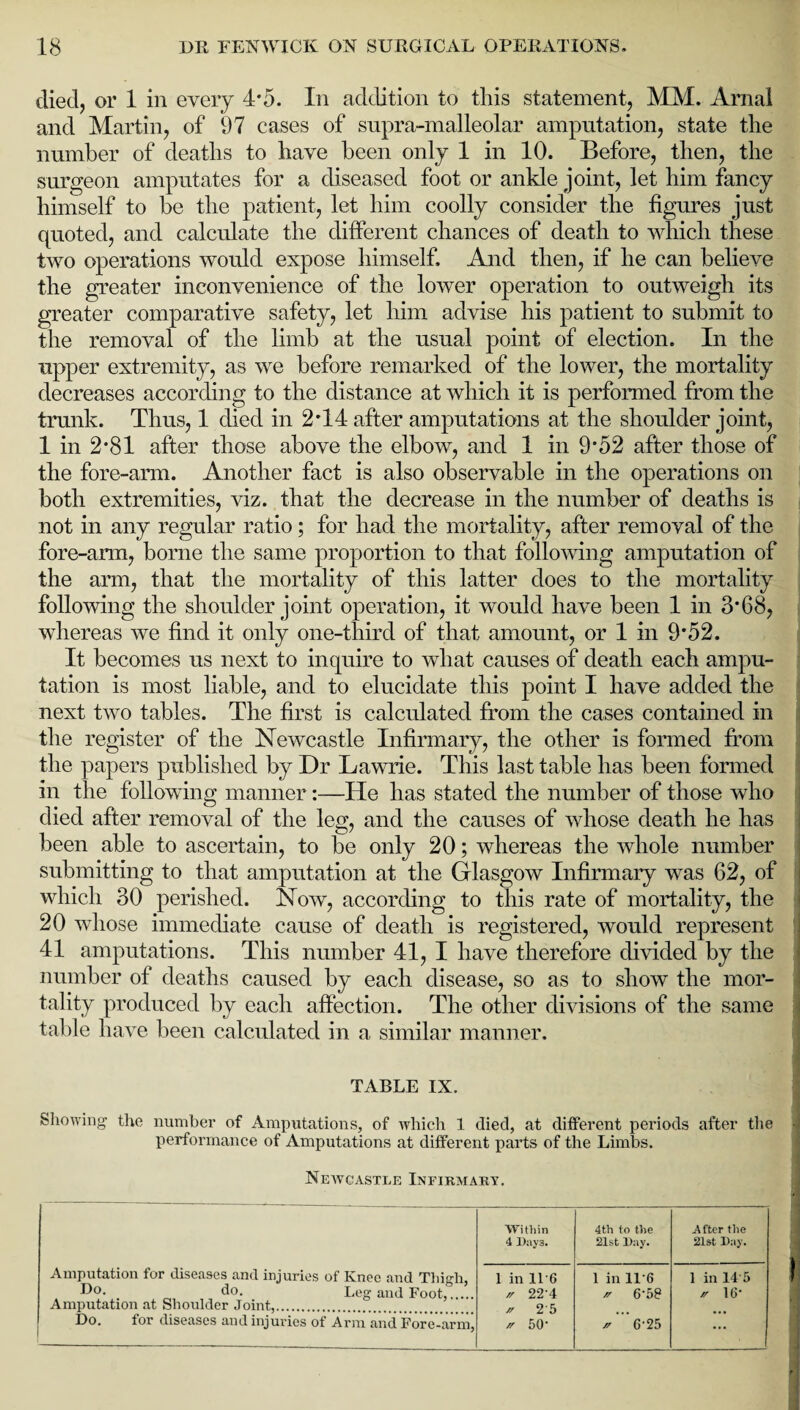 died, or 1 in every 4*5. In addition to this statement, MM. Amal and Martin, of 97 cases of supra-malleolar amputation, state the number of deaths to have been only 1 in 10. Before, then, the surgeon amputates for a diseased foot or ankle joint, let him fancy himself to he the patient, let him coolly consider the figures just quoted, and calculate the different chances of death to which these two operations would expose himself. And then, if he can believe the greater inconvenience of the lower operation to outweigh its greater comparative safety, let him advise his patient to submit to the removal of the limb at the usual point of election. In the upper extremity, as we before remarked of the lower, the mortality decreases according to the distance at which it is performed from the trunk. Thus, 1 died in 2T4 after amputations at the shoulder joint, 1 in 2*81 after those above the elbow, and 1 in 9*52 after those of the fore-arm. Another fact is also observable in the operations on both extremities, viz. that the decrease in the number of deaths is not in any regular ratio; for had the mortality, after removal of the fore-arm, borne the same proportion to that following amputation of the arm, that the mortality of this latter does to the mortality following the shoulder joint operation, it would have been 1 in 3‘G8, whereas we find it only one-third of that amount, or 1 in 9*52. It becomes us next to inquire to what causes of death each ampu¬ tation is most liable, and to elucidate this point I have added the next two tables. The first is calculated from the cases contained in the register of the Newcastle Infirmary, the other is formed from the papers published by Dr Lawrie. This last table has been formed in the following manner:—He has stated the number of those who died after removal of the leg, and the causes of whose death he has been able to ascertain, to be only 20; whereas the whole number submitting to that amputation at the Glasgow Infirmary was 62, of which 30 perished. Now, according to this rate of mortality, the 20 whose immediate cause of death is registered, would represent 41 amputations. This number 41, I have therefore divided by the number of deaths caused by each disease, so as to show the mor¬ tality produced by each affection. The other divisions of the same table have heen calculated in a similar manner. TABLE IX. Showing the number of Amputations, of which 1 died, at different periods after the • performance of Amputations at different parts of the Limbs. Newcastle Infirmary. Amputation for diseases and injuries of Knee and Thigh, B°. do. Leg and Foot,. Amputation at Shoulder Joint,. Within 4 Days. 4th to the 21st Day. A fter the 21st Day. 1 in 11-6 22 4 ^ 2 5 * 50- 1 in 1T6 -r 6-58 ,/ G-25 1 in 14 5 /r 16* Do. for diseases and injuries of Arm and Fore-arm, I