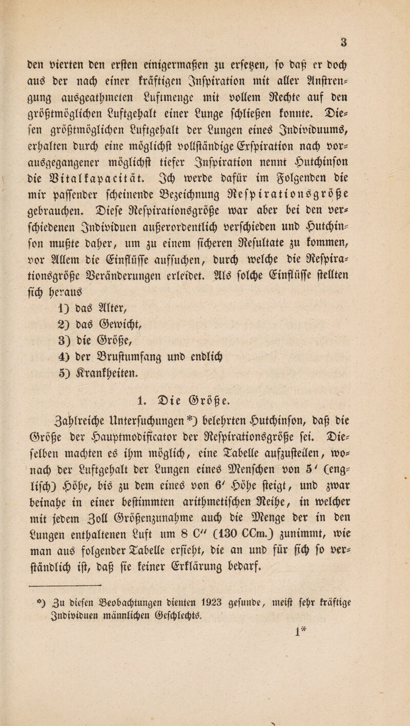 feen feierten feen erßen einigermaßen $u erfe^en, fo baß er bocb au$ feer nach einer frdfttgen Snfpiration mit alter 2Inßren* gung auegeatßmeten ßuftmenge mit bottern Rechte auf feen größtmöglichen ^uftgeßaft einer Sunge fließen fonnte* ^ie* fen größtmöglidjen ^uftgeßaft feer Zungen eineg 3nbtfeibuumg, erhalten feurd; eine möglich bottßänfetge ©cfpiration nach feor* auggegangener mögltdjß tiefer 3nfpiration nennt «Jputcbtnfon feie SSitatfa^pacität. 3<b merbe feafür im gofgenben feie mir feajfenber fc^etnenfee Bezeichnung ^efpirationggröße gebrauchen* £)iefe Sftefpt'rationggröße mar aber bei feen feer* fdnefeenen Snfeifeifeuen außerorbentlicb feerfcbteben unfe $utcbin* fon mußte baßer, um zu einem fieberen D^efuttate 511 fommen, feer 2lflem feie ©inßüffe auffueßen, feureb mefebe feie Ofeffet'ra* tionggröße Beränberungen erteibet Slfg fofeße ©inßüffe ßefften fteß beraub 1) bag Witter, 23 bag ©emießt, 3) feie ©röße, 4) feer Brußumfang unfe enfefteß 5) ^ranfßeiten* L £)ie ©röße. Saßfreicße Unterfucbungen *3 belehrten Imtcßinfon, feaß feie ©•röße feer £außtmobiftcator feer ^efßirationggröße fei* £>ie* fetben machten eg ißm möglich, eine £abetfe aufzußeden, mo* nach feer ^uftgeßalt feer Zungen eineg rÜtfenfcßen feon 5' (eng* fifcß3 £öße, big zu feem eineg bon 6' ^öße ßeigt, unfe zwar beinahe in einer beftimmten aritbmettfeßen !Xlet|>e in meldet mit fefeem 3oH ©rößenzunaßme aueß feie Stenge feer in feen Zungen enthaltenen Suft um 8 C (130 CCra.J junimmt, mie man aug folgenfeer Tabelle erfteht, feie an unfe für ßcß fo feer* ßänfefteß iß, feaß ße feiner (£rffärung befearf. +) 3« btefen Beobachtungen bienten 1923 gefunbe, metß feßr fräftige ^nbioibuen männlichen ®efcblecht&