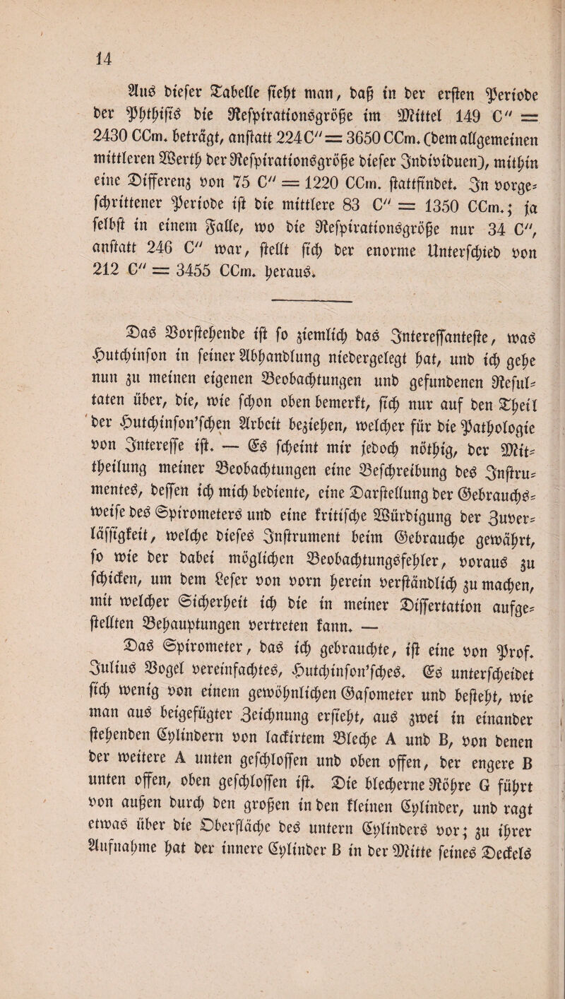 8luö bt'cfev Tabelle ficht man, ba|) in ber erflen Pertobe ber tyfyfyifig bte Stefpirationbgröße im SÄittel 149 C = 2430 CCm. beträgt, anftatt 224 C = 3650 CCm. (betn allgemeinen mittleren Sßerth berfftefptrationögröße btefer 3nbt»tbuen}, mithin eine ©ifferenj »on 75 C = 1220 CCm. ffattffnbet. 3n sorgen fchrittener giertobe tft bie mittlere 83 C = 1350 CCm.; fa felbft in einem gatte, mo bie ffiefpirationbgröße nur 34 C, anftatt 246 C mar, ftellt ffch ber enorme Unterfchteb »on 212 C = 3455 CCm. beraub. ®ab SSorfteßeitbe tft fo ^temltcl) bas 3ntereffantefie, mab ■fmtchinfon in feiner älbfmnblung niebergetegt hat, unb ich gebe nun ju meinen eigenen ^Beobachtungen unb gefunbenen 3teful* taten über, bie, mte fchon oben bemerft, ffd) nur auf ben £betl ber ^utcbtnfon’ftben Arbeit beheben, melcher für bie Pathologie »on 3ntereffe ift. — ®b fcbeint mir febocb nötbig, ber Mit* tbeilung meiner ^Beobachtungen eine ©efdireibittig beb 3nflru» menteS, beffen t'cb mich bebtente, eine Sarflellung ber ©ebrauchb» metfe beb ©ptrometerb uttb eine frtttfdje SBürbtgung ber 3u»er= läfftgfett, melcße biefeb 3nftrument beim ©ebraudte gemäbrt, fo mte ber habet möglichen ©eobachtungbfehler, »oraub ju fänden, um bem befer »on »orn herein »erftänblicb 3« machen, mit melcber Sicherheit ich bie in meiner Siffertatton aufge-- ftettten ^Behauptungen »ertreten fattn, — Sab Spirometer, bab ich gebrauchte, ff} eine »on Prof. 3«liub SSoget »eretnfacpteb, i'iutd)infoit’fd)eb. de unterfcheibet ftcb wenig »on einem gemöjmlichen ©afometer unb bejteht, mie man aub betgefügter 3eichnung erfleht, aub jmet in einanber ftebenben gplinbern »on larfivtem Sieche A unb B, »on benen ber meitere A unten gefcfdoffen unb oben offen, ber engere B unten offen, oben gefdffoffen iff. Ste blecherne Steine G führt »on außen burch ben großen in ben «einen Cplmber, unb ragt etmab über bie Oberfläche beb untern Gplinberö »or; ju ihrer Aufnahme hat ber innere (äplinber ß in ber Wlitte feine« Setfelb