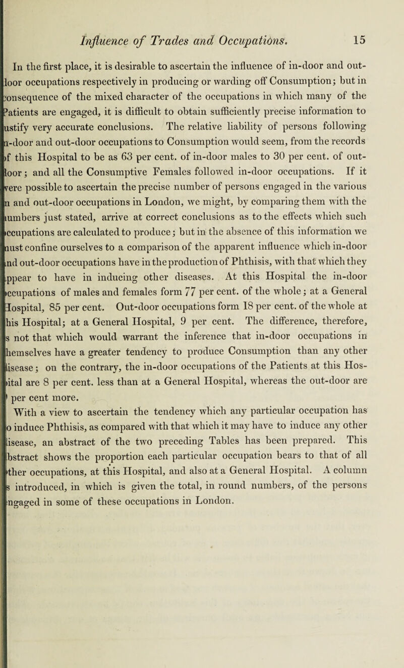 In the first place, it is desirable to ascertain the influence of in-door and out- loor occupations respectively in producing or warding off Consumption; but in consequence of the mixed character of the occupations in which many of the Patients are engaged, it is difficult to obtain sufficiently precise information to ustify very accurate conclusions. The relative liability of persons following n-door and out-door occupations to Consumption would seem, from the records >f this Hospital to be as 63 per cent, of in-door males to 30 per cent, of out- loor; and all the Consumptive Females followed in-door occupations. If it yere possible to ascertain the precise number of persons engaged in the various n and out-door occupations in London, we might, by comparing them with the lumbers just stated, arrive at correct conclusions as to the effects which such iccupations are calculated to produce; but in the absence of this information we nust confine ourselves to a comparison of the apparent influence which in-door .nd out-door occupations have in the production of Phthisis, with that which they ppear to have in inducing other diseases. At this Hospital the in-door iccupations of males and females form 77 per cent, of the whole; at a General hospital, 85 per cent. Out-door occupations form 18 per cent, of the whole at his Hospital; at a General Hospital, 9 per cent. The difference, therefore, s not that which would warrant the inference that in-door occupations in hem selves have a greater tendency to produce Consumption than any other lisease; on the contrary, the in-door occupations of the Patients at this IIos- lital are 8 per cent, less than at a General Hospital, whereas the out-door are 1 per cent more. With a view to ascertain the tendency which any particular occupation has io induce Phthisis, as compared with that which it may have to induce any other [isease, an abstract of the two preceding Tables has been prepared. This Abstract shows the proportion each particular occupation bears to that of all ither occupations, at this Hospital, and also at a General Hospital. A column s introduced, in which is given the total, in round numbers, of the persons ngaged in some of these occupations in London.