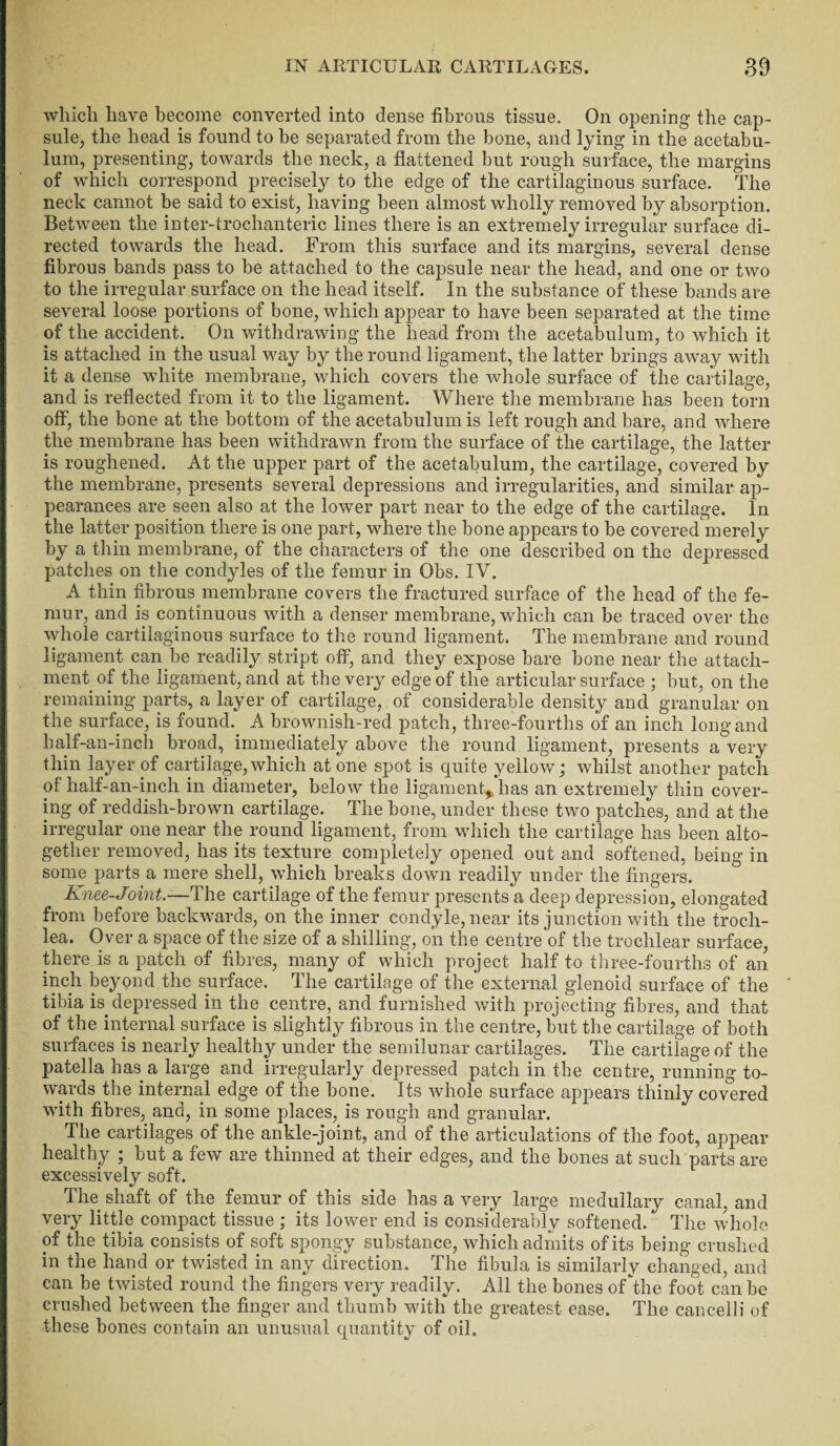 which have become converted into dense fibrous tissue. On opening- the cap¬ sule, the head is found to be separated from the bone, and lying in the acetabu¬ lum, presenting, towards the neck, a flattened but rough surface, the margins of which correspond precisely to the edge of the cartilaginous surface. The neck cannot be said to exist, having been almost wholly removed by absorption. Between the inter-trochanteric lines there is an extremely irregular surface di¬ rected towards the head. From this surface and its margins, several dense fibrous bands pass to be attached to the capsule near the head, and one or two to the irregular surface on the head itself. In the substance of these bands are several loose portions of bone, which appear to have been separated at the time of the accident. On withdrawing the head from the acetabulum, to which it is attached in the usual way by the round ligament, the latter brings away with it a dense white membrane, which covers the whole surface of the cartilage, and is reflected from it to the ligament. Where the membrane has been torn off, the bone at the bottom of the acetabulum is left rough and bare, and where the membrane has been withdrawn from the surface of the cartilage, the latter is roughened. At the upper part of the acetabulum, the cartilage, covered by the membrane, presents several depressions and irregularities, and similar ap¬ pearances are seen also at the lower part near to the edge of the cartilage. In the latter position there is one part, where the bone appears to be covered merely by a thin membrane, of the characters of the one described on the depressed patches on the condyles of the femur in Obs. IV. A thin fibrous membrane covers the fractured surface of the head of the fe¬ mur, and is continuous with a denser membrane, which can be traced over the whole cartilaginous surface to the round ligament. The membrane and round ligament can be readily stript off, and they expose bare bone near the attach¬ ment of the ligament, and at the very edge of the articular surface ; but, on the remaining parts, a layer of cartilage, of considerable density and granular on the surface, is found. A brownish-red patch, three-fourths of an inch long and half-an-inch broad, immediately above the round ligament, presents a very thin layer of cartilage, which atone spot is quite yellow; whilst another patch of half-an-inch in diameter, below the ligament* has an extremely thin cover¬ ing of reddish-brown cartilage. The bone, under these two patches, and at the irregular one near the round ligament, from which the cartilage has been alto¬ gether removed, has its texture completely opened out and softened, being in some parts a mere shell, which breaks down readily under the fingers. Knee-Joint.—The cartilage of the femur presents a deep depression, elongated from before backwards, on the inner condyle, near its junction with the troch¬ lea. Over a space of the size of a shilling, on the centre of the trochlear surface, there is a patch of fibres, many of which project half to three-fourths of an inch beyond the surface. The cartilage of the external glenoid surface of the tibia ^depressed in the centre, and furnished with projecting fibres, and that of the internal surface is slightly fibrous in the centre, but the cartilage of both surfaces is nearly healthy under the semilunar cartilages. The cartilage of the patella has a large and irregularly depressed patch in the centre, running to¬ wards the internal edge of the bone. Its whole surface appears thinly covered with fibres, and, in some places, is rough and granular. The cartilages of the ankle-joint, and of the articulations of the foot, appear healthy ; but a few are thinned at their edges, and the bones at such parts are excessively soft. The shaft of the femur of this side has a very large medullary canal, and very little compact tissue ; its lower end is considerably softened. The whole of the tibia consists of soft spongy substance, which admits of its being crushed in the hand or twisted in any direction. The fibula is similarly changed, and can be twisted round the fingers very readily. All the bones of the foot can be crushed between the finger and thumb with the greatest ease. The cancelli of these bones contain an unusual quantity of oik