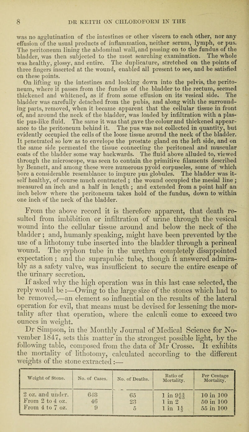 was no agglutination of the intestines or other viscera to each other, nor any effusion of the usual products of inflammation, neither serum, lymph, or pus. The peritoneum lining the abdominal wall, and passing on to the fundus of the bladder, was then subjected to the most searching examination. The whole was healthy, glossy, and entire. The duplicature, stretched on the points of three fingers inserted at the wound, enabled all present to see, and be satisfied on these points. On lifting up the intestines and looking down into the pelvis, the perito¬ neum, where it passes from the fundus of the bladder to the rectum, seemed thickened and whitened, as if from some effusion on its vesical side. The bladder was carefully detached from the pubis, and along with the surround¬ ing parts, removed, when it became apparent that the cellular tissue in front of, and around the neck of the bladder, was loaded by infiltration with a plas¬ tic pus-like fluid. The same it was that gave the colour and thickened appear¬ ance to the peritoneum behind it. The pus was not collected in quantity, but evidently occupied the cells of the loose tissue around the neck of the bladder. It penetrated so low as to envelope the prostate gland on the left side, and on the same side permeated the tissue connecting the peritoneal and muscular coats of the bladder some way backwards. The fluid above alluded to, viewed through the microscope, was seen to contain the primitive filaments described by Bennett, and among these were numerous pyoid corpuscles, some of which bore a considerable resemblance to impure pus globules. The bladder was it¬ self healthy, of course much contracted ; the wound occupied the mesial line ; measured an inch and a half in length ; and extended from a point half an inch below where the peritoneum takes hold of the fundus, down to within one inch of the neck of the bladder. From the above record it is therefore apparent, that death re¬ sulted from imbibition or infiltration of urine through the vesical wound into the cellular tissue around and below the neck of the bladder ; and, humanly speaking, might have been prevented by the use of a lithotomy tube inserted into the bladder through a perineal wound. The syphon tube in the urethra completely disappointed expectation ; and the suprapubic tube, though it answered admira¬ bly as a safety valve, was insufficient to secure the entire escape of the urinary secretion. If asked why the high operation was in this last case selected, the reply would be :—Owing to the large size of the stones which had to be removed,—an element so influential on the results of the lateral operation for evil, that means must be devised for lessening the mor¬ tality after that operation, where the calculi come to exceed two ounces in weight. Dr Simpson, in the Monthly Journal of Medical Science for No¬ vember 1847, sets this matter in the strongest possible light, by the following table, composed from the data of Mr Crosse. It exhibits the mortality of lithotomy, calculated according to the different weights of the stone extracted :— Weight of Stone. No. of Cases. No. of Deaths. Katio of Mortality. Per Centage Mortality. 2 oz. and under. 648 65 1 in Off 1 in 2 10 in 100 From 2 to 4 oz. 46 23 50 in 100 From 4 to 7 oz. 9 5 1 in 1 i 55 in 100