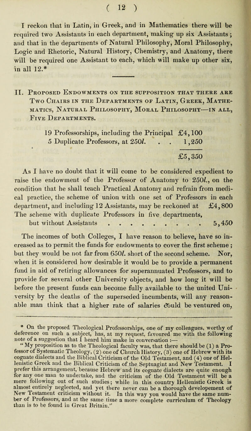 I reckon that in Latin, in Greek, and in Mathematics there will be required two Assistants in each department, making up six Assistants; and that in the departments of Natural Philosophy, Moral Philosophy, Logic and Rhetoric, Natural History, Chemistry, and Anatomy, there will be required one Assistant to each, which will make up other six, in all 12.* IT. Proposed Endowments on the supposition that there are Two Chairs in the Departments of Latin, Greek, Mathe¬ matics, Natural Philosophy, Moral Philosophy—in all, Five Departments. 19 Professorships, including the Principal £4,100 5 Duplicate Professors, at 250/. . . 1,250 « t _ £5,350 As I have no doubt that it will come to be considered expedient to raise the endowment of the Professor of Anatomy to 250/., on the condition that he shall teach Practical Anatomy and refrain from medi¬ cal practice, the scheme of union with one set of Professors in each department, and including 12 Assistants, may be reckoned at £4,800 The scheme with duplicate Professors in five departments, but without Assistants.. 5,450 The incomes of both Colleges, I have reason to believe, have so in¬ creased as to permit the funds for endowments to cover the first scheme ; but they would be not far from 650/. short of the second scheme. Nor, when it is considered how desirable it would be to provide a permanent fund in aid of retiring allowances for superannuated Professors, and to provide for several other University objects, and how long it will be before the present funds can become fully available to the united Uni¬ versity by the deaths of the superseded incumbents, will any reason¬ able man think that a higher rate of salaries dbuld be ventured on. * On the proposed Theological Professorships, one of my colleagues, worthy of deference on such a subject, has, at my request, favoured me with the following note of a suggestion that I beard him make in conversation :— “ My proposition as to the Theological faculty was, that there should be (1) a Pro¬ fessor of Systematic Theology, (2) one of Church History, (3) one of Hebrew with its cognate dialects and the Biblical Criticism of the Old Testament, and (4) one of Hel¬ lenistic Greek and the Biblical Criticism of the Septuagint and New Testament. I prefer this arrangement, because Hebrew and its cognate dialects are quite enough for any one man to undertake, and the criticism of the Old Testament will be a mere following out of such studies; while in this country Hellenistic Greek is almost entirely neglected, and yet there never can be a thorough developement of New Testament criticism without it. In this way you would have the same num¬ ber of Professors, and at the same time a more complete curriculum of Theology than is to be found in Great Britain.”