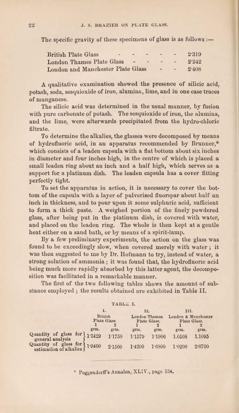 The specific gravity of these specimens of glass is as follows :— British Plate Glass 2‘319 London Thames Plate Glass - - - - 2’242 London and Manchester Plate Glass - - 2 408 A qualitative examination showed the presence of silicic acid, potash, soda, sesquioxide of iron, alumina, lime, and in one case traces of manganese. The silicic acid was determined in the usual manner, by fusion with pure carbonate of potash. The sesquioxide of iron, the alumina, and the lime, were afterwards precipitated from the hydro-chloric filtrate. To determine the alkalies, the glasses were decomposed by means of hydrofluoric acid, in an apparatus recommended by Brunner,* which consists of a leaden capsula with a flat bottom about six inches in diameter and four inches high, in the centre of which is placed a small leaden ring about an inch and a half high, which serves as a support for. a platinum dish. The leaden capsula has a cover fitting perfectly tight. To set the apparatus in action, it is necessary to cover the bot¬ tom of the capsula with a layer of pulverised fluorspar about half an inch in thickness, and to pour upon it some sulphuric acid, sufficient to form a thick paste. A weighed portion of the finely pow'dered glass, after being put in the platinum dish, is covered with water, and placed on the leaden ring. The whole is then kept at a gentle heat either on a sand bath, or by means of a spirit-lamp. By a few preliminary experiments, the action on the glass was found to be exceedingly slow, when covered merely with water ; it was then suggested to me by Dr. Hofmann to try, instead of water, a strong solution of ammonia ; it was found that, the hydrofluoric acid being much more rapidly absorbed by this latter agent, the decompo¬ sition was facilitated in a remarkable manner. The first of the two following tables shows the amount of sub¬ stance employed ; the results obtained are exhibited in Table II. I. II, III. British London Thames London & Manchester Plate Glass. Plate Glass. Plate Glass. 1 2 1 grm. 2 grm. Plate Glass. 1 2 grm. grm. grm. grm. 3429 1-1750 1-1579 1-1906 1.0508 1.1095 2-1500 1-4200 1-6800 1-0200 2-0700 Poggendorff’s Annalen, XL1\ ., page 134