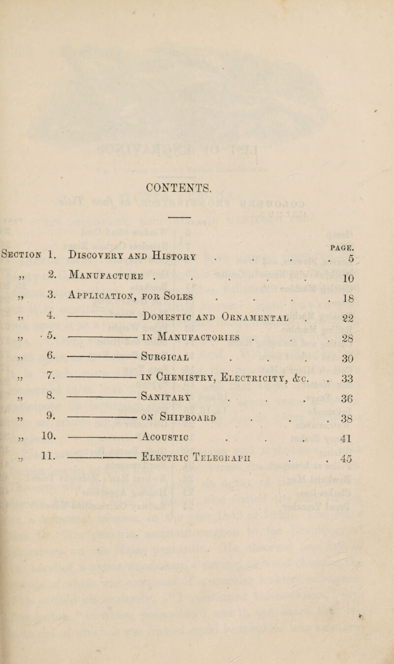CONTENTS. Section 1. Discovery and History 5 2. Manufacture ..... 10 55 3. Application, for Soles . 18 4. Domestic and Ornamental 22 ?? • 5. -IN Manufactories . . 28 7’ 6. -Surgical 30 7. IN Chemistry, Electricity, Ac. . 33 n 8. -- Sanitary 36 5? 9. - ON Shipboard . 38 55 10. -Acoustic 41 55 11. -Electric Telegraph . 45