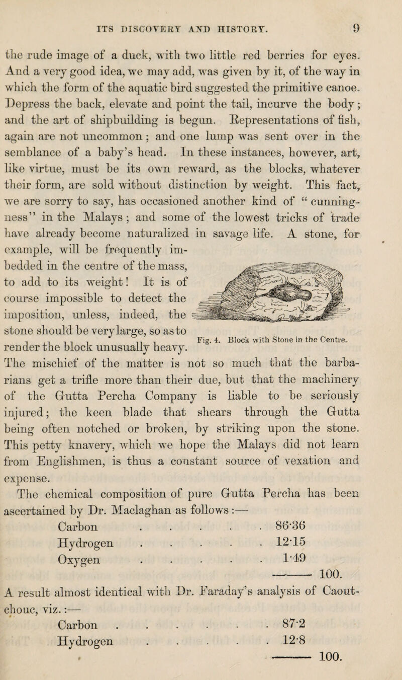tlie rude image of a duck, with two little red berries for eyes. And a very good idea, we may add, was given by it, of the way in which the form of the aquatic bird suggested the primitive canoe. Depress the back, elevate and point the tail, incurve the body; and the art of shipbuilding is begun. Representations of fish, again are not uncommon; and one lump was sent over in the semblance of a baby’s head. In these instances, however, art, like virtue, must be its own reward, as the blocks, whatever their form, are sold 'without distinction by weight. This fact, we are sorry to say, has occasioned another kind of “ cunning¬ ness” in the Malays ; and some of the lowest tricks of trade have already become naturalized in savage life. A stone, for example, will be frequently im¬ bedded in the centre of the mass, to add to its weight! It is of course impossible to detect the imposition, unless, indeed, the stone should be ver render the block un The mischief of the matter is not so much that the barba¬ rians get a trifle more than their due, but that the machinery of the Grutta Percha Company is liable to be seriously injured; the keen blade that shears through the Gutta being often notched or broken, by striking upon the stone. This petty knavery, which we hope the Malays did not learn from Englishmen, is thus a constant source of vexation and expense. The chemical composition of pure Gutta Percha has been ascertained by Dr. Maclaghan as follows :— Carbon ..... 86'36 Hydrogen . . . . . I2T5 Oxygen ..... I'49 - 100. A result almost identical with Dr. Earaday’s analysis of Caout¬ chouc, viz.:— Carbon ...... 87‘2 Hydrogen ..... I2'8 100. ^ large, so as to usually heavy. Fig. 4. Block with Stone in the Centre. f