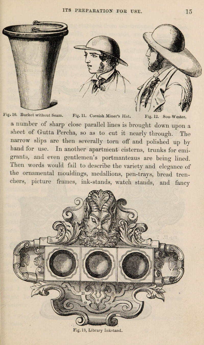 ILji lig. 10. Bucket without Seam. Fig. 11. Cornish Miner’s Hat. Fig. 12. Sou-Wester. a number of sharp close parallel lines is brought down upon a sheet of Gutta Percha, so as to cut it nearly through. The narrow slips are then severally torn off and polished up by hand for use. In another apartment cisterns, trunks for emi¬ grants, and even gentlemen’s portmanteaus are being lined. Then words would hiil to describe the variety and elegance of the ornamental mouldings, medallions, pen-trays, bread tren¬ chers, picture frames, ink-stands, watch stands, and fancy Fig. 13, Library Inkstand.