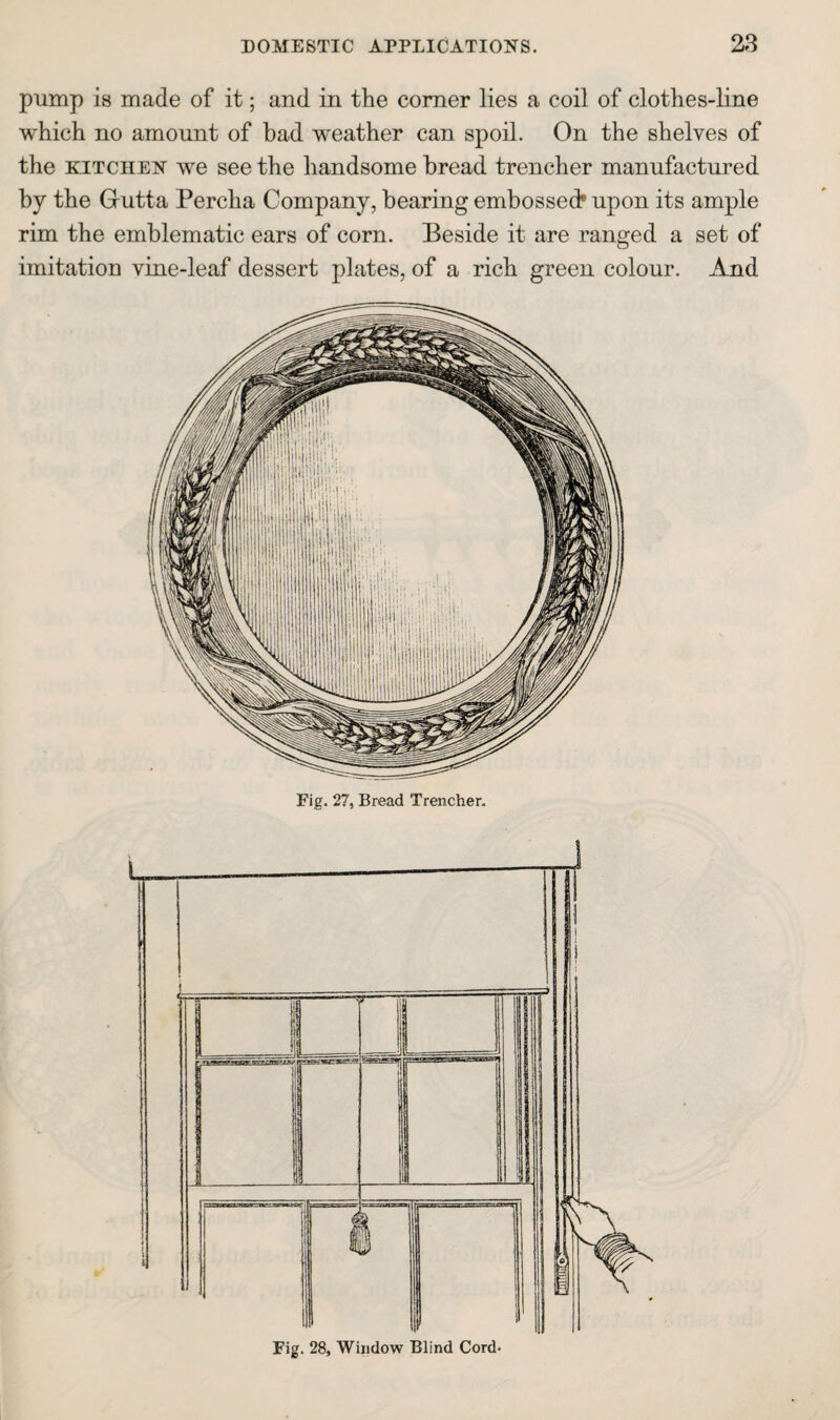DOMESTIC APPLICATIONS. 28 pump is made of it; and in the comer lies a coil of clothes-line which no amount of bad w^eather can spoil. On the shelves of the KITCHEN Ave see the handsome bread trencher manufactured by the Grutta Percha Company, bearing embossed* upon its ample rim the emblematic ears of corn. Peside it are ranged a set of imitation vine-leaf dessert plates, of a rich green colour. And