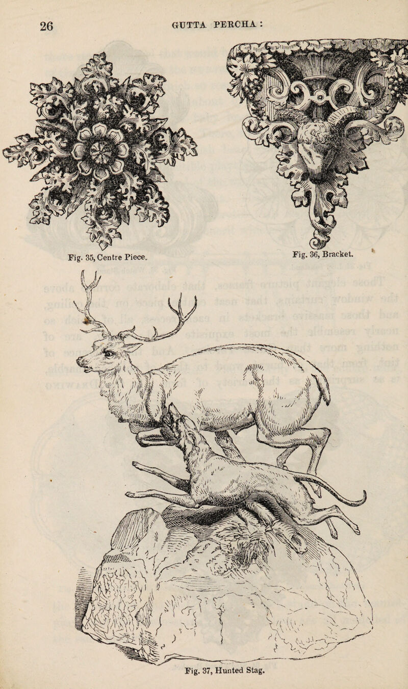 Fig. 35, Centre Piece. Fig. 36, Bracket. Fig. 37, Hunted Stag.