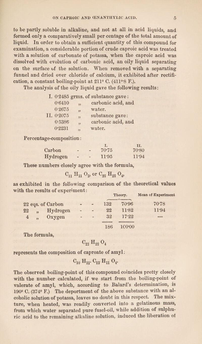 to be partly soluble in alkaline, and not at all in acid liquids, and formed only a comparatively small per centage of the total amount of liquid. In order to obtain a sufficient quantity of this compound for examination, a considerable portion of crude caproic acid was treated with a solution of carbonate of potassa, when the caproic acid was dissolved with evolution of carbonic acid, an oily liquid separating on the surface of the solution. When removed with a separating funnel and dried over chloride of calcium, it exhibited after rectifi¬ cation, a constant boiling-point at 211° C. (411°*8 F.). The analysis of the oily liquid gave the following results: I. 0*2485 grms. of substance gave : 0-6410 02675 II. 0-2075 0-5386 0-2231 55 55 55 55 carbonic acid, and water. substance gave: carbonic acid, and water. Percentage-composition: i. ii. Carbon - - 70-75 70*80 Hydrogen - - 11*95 11*94 These numbers closely agree with the formula, 02, or C22 H22 O* as exhibited in the following comparison of the theoretical values with the results of experiment: Theory. Mean of Experiment 22 eqs. of Carbon 132 70*96 70-78 22 „ Hydrogen 22 11*82 11*94 4 „ Oxygen 32 17*22 — 186 100*00 The formula, ^22 -^22 ^4 represents the composition of caproate of amyl ; Cj0 Hn. C12 Hn 04. The observed boiling-point of this compound coincides pretty closely with the number calculated, if we start from the boiling-point of valerate of amyl, which, according to Balard’s determination, is 190° C. (374° F.) The deportment of the above substance with an al¬ coholic solution of potassa, leaves no doubt in this respect. The mix¬ ture, when heated, was readily converted into a gelatinous mass, from which water separated pure fusel-oil, while addition of sulphu¬ ric acid to the remaining alkaline solution, induced the liberation of