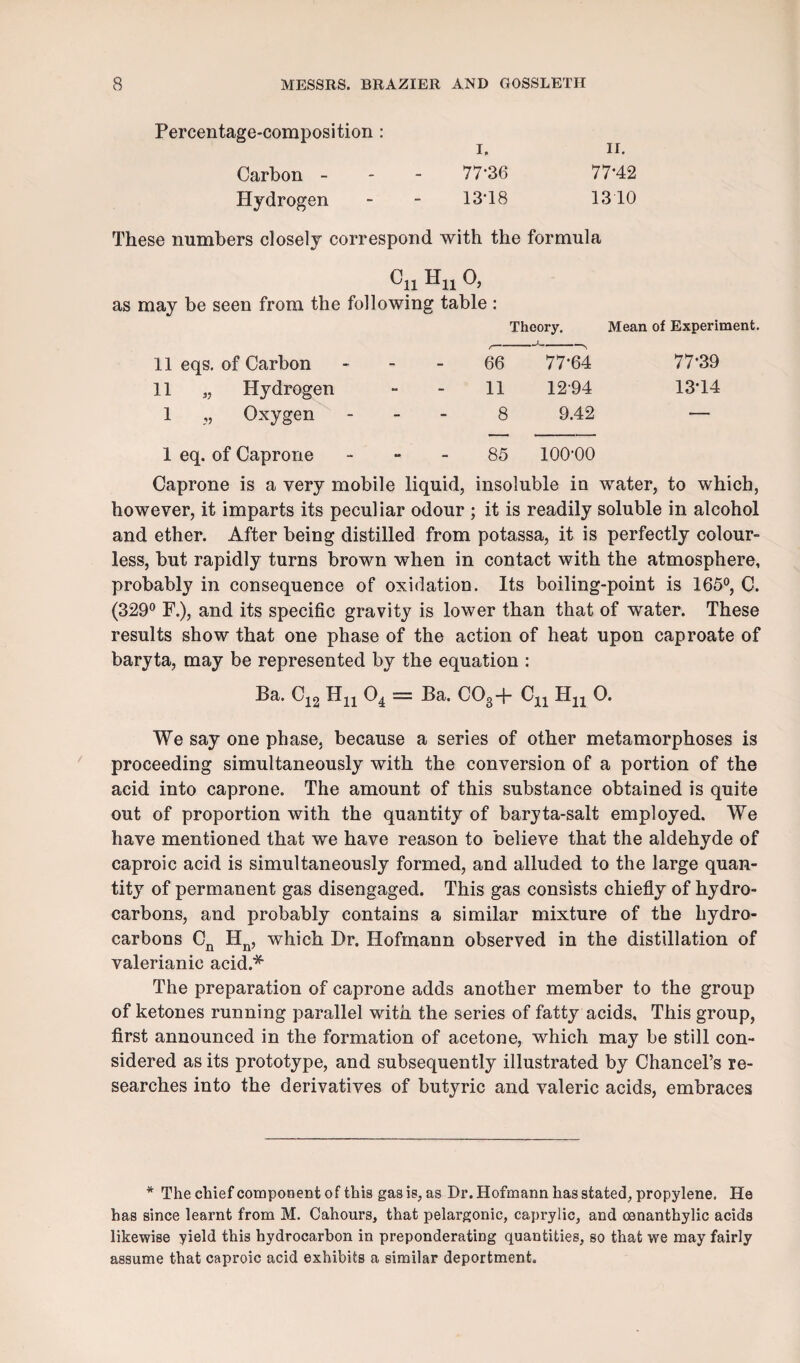 Percentage-composition : i. ii. Carbon - - - 77'36 77*42 Hydrogen - - 13-18 1310 These numbers closely correspond with the formula °1X H11 °> as may be seen from the following table : Theory. Mean of Experiment. 11 eqs. of Carbon 66 77-64 77-39 11 „ Hydrogen 11 12-94 13-14 1 „ Oxygen - 8 9.42 •— 1 eq. of Caprone 85 100-00 Caprone is a very mobile liquid, insoluble in water, to which, however, it imparts its peculiar odour ; it is readily soluble in alcohol and ether. After being distilled from potassa, it is perfectly colour¬ less, but rapidly turns brown when in contact with the atmosphere, probably in consequence of oxidation. Its boiling-point is 165°, C. (329° F.), and its specific gravity is lower than that of water. These results show that one phase of the action of heat upon caproate of baryta, may be represented by the equation : Ba. C12 Hn 04 = Ba. C03+ Cu Hn O. We say one phase, because a series of other metamorphoses is proceeding simultaneously with the conversion of a portion of the acid into caprone. The amount of this substance obtained is quite out of proportion with the quantity of baryta-salt employed. We have mentioned that we have reason to believe that the aldehyde of caproic acid is simultaneously formed, and alluded to the large quan¬ tity of permanent gas disengaged. This gas consists chiefly of hydro¬ carbons, and probably contains a similar mixture of the hydro¬ carbons Cn Hn, which Dr. Hofmann observed in the distillation of valerianic acid.* The preparation of caprone adds another member to the group of ketones running parallel with the series of fatty acids. This group, first announced in the formation of acetone, which may be still con¬ sidered as its prototype, and subsequently illustrated by Chancel’s re¬ searches into the derivatives of butyric and valeric acids, embraces * The ehief component of this gas is, as Dr. Hofmann has stated, propylene. He has since learnt from M. Cahours, that pelargonic, caprylic, and oenanthylic acids likewise yield this hydrocarbon in preponderating quantities, so that we may fairly assume that caproic acid exhibits a similar deportment.