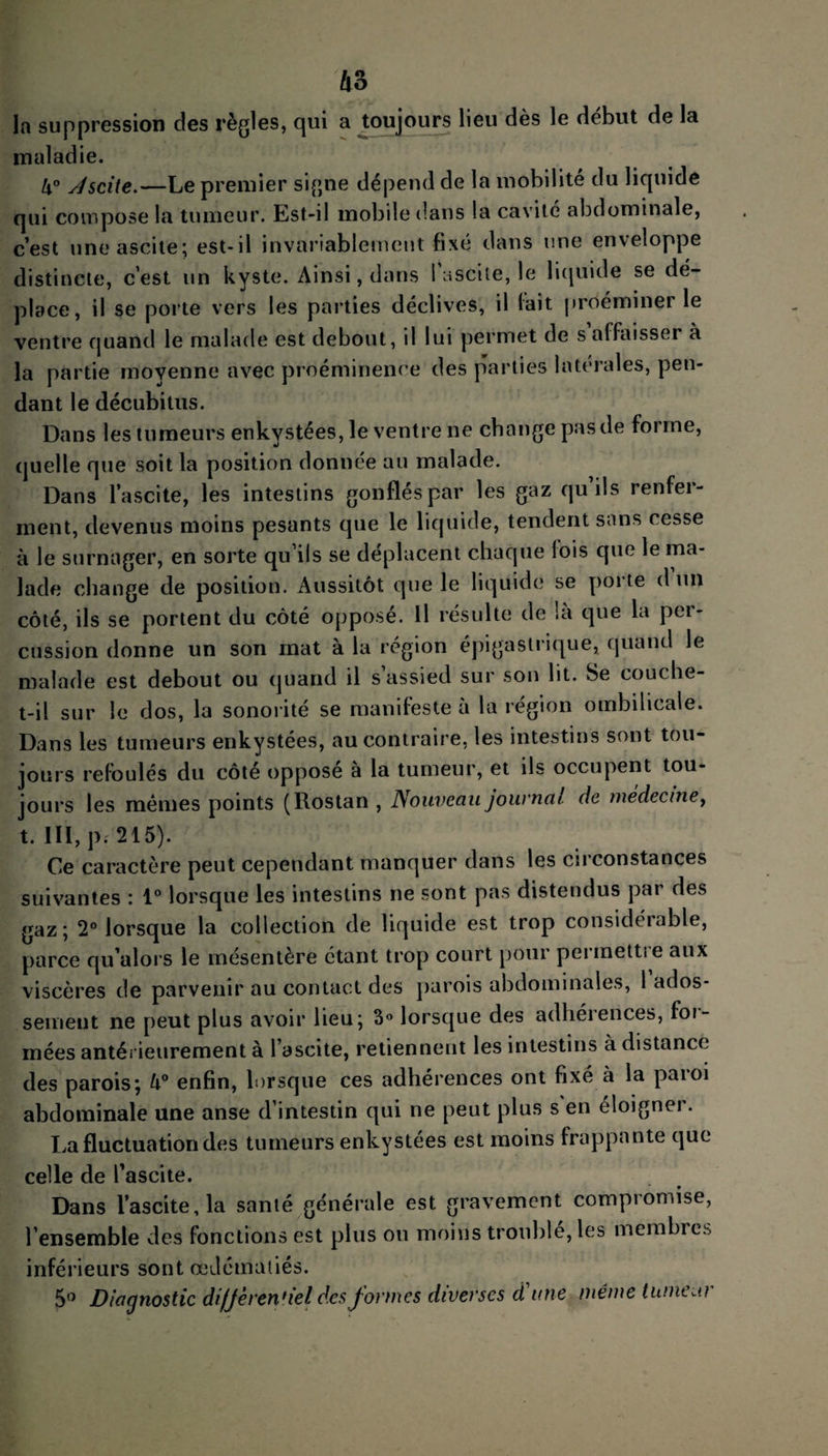 la suppression des règles, qui a toujours lieu dès le début de la maladie. U° Jscite.—Le premier signe dépend de la mobilité du liquide qui compose la tumeur. Est-il mobile dans la cavité abdominale, c’est une ascite; est-il invariablement fixé dans une enveloppe distincte, c’est un kyste. Ainsi, dans 1 ascite, le liquide se dé¬ place, il se porte vers les parties déclives, il lait prôéminer le ventre quand le malade est debout, il lui permet de s affaisser à la partie moyenne avec proéminence des parties latérales, pen¬ dant le décubitus. Dans les tumeurs enkvstées, le ventre ne change pas de forme, quelle que soit la position donnée au malade. Dans l’ascite, les intestins gonflés par les gaz qu ils renfer¬ ment, devenus moins pesants que le liquide, tendent sans cesse à le surnager, en sorte qu’ils se déplacent chaque fois que le ma¬ lade change de position. Aussitôt que le liquide se poite d un côté, ils se portent du côté opposé. Il résulte de la que la pei- cussion donne un son mat à la région épigastrique, quand le malade est debout ou quand il s assied sur son lit. Se couche- t-il sur le dos, la sonorité se manifeste à la région ombilicale. Dans les tumeurs enkystées, au contraire, les intestins sont tou¬ jours refoulés du côté oppose à la tumeur, et ils occupent tou¬ jours les mêmes points (Rostan , Nouveau journal de médecine, t. III, p. 215). Ce caractère peut cependant manquer dans les circonstances suivantes : 1° lorsque les intestins ne sont pas distendus par des gaz; 2° lorsque la collection de liquide est trop considérable, parce qu’alors le mésentère étant trop court pour permettre aux viscères de parvenir au contact des parois abdominales, 1 ados¬ sement ne peut plus avoir lieu; 3° lorsque des adhérences, for¬ mées antérieurement à l’ascite, retiennent les intestins à distance des parois ; k° enfin, lorsque ces adhérences ont fixé à la paioi abdominale une anse d’intestin qui ne peut plus s en eloignei. La fluctuation des tumeurs enkystées est moins frappante que celle de l'ascite. Dans l’ascite, la santé générale est gravement compromise, l’ensemble des fonctions est plus ou moins trouble, les membres inférieurs sont œdématiés. 5° Diagnostic difjèren'iel des Jormes diverses d une même t unit ai