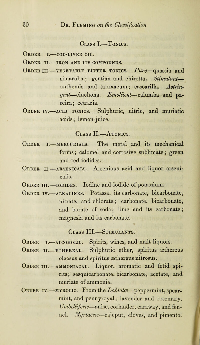 Class I.—Tonics. Order i.—cod-liver oil. Order ii.—iron and its compounds. Order hi.—vegetable bitter tonics. Pure—quassia and simaruba ; gentian and chiretta. Stimulant— anthemis and taraxacum; cascarilla. Astrin¬ gent—cinchona. Emollient—calumba and pa- reira; cetraria. Order iv.—acid tonics. Sulphuric, nitric, and muriatic acids; lemon-juice. Class II.—Atonics. Order i.—mercurials. The metal and its mechanical forms; calomel and corrosive sublimate; green and red iodides. Order ii.—arsenicals. Arsenious acid and liquor arseni- calis. Order hi.—iodides. Iodine and iodide of potassium. Order iv.—alkalines. Potassa, its carbonate, bicarbonate, nitrate, and chlorate ; carbonate, bicarbonate, and borate of soda; lime and its carbonate; magnesia and its carbonate. Class III.—Stimulants. Order i.—alcoholic. Spirits, wines, and malt liquors. Order ii.—ethereal. Sulphuric ether, spiritus asthereus oleosus and spiritus asthereus nitrosus. Order hi.—ammoniacal. Liquor, aromatic and fetid spi¬ rits ; sesquicarbonate, bicarbonate, acetate, and muriate of ammonia. Order iv.—myrolic. From the Lahiatce—peppermint, spear¬ mint, and pennyroyal; lavender and rosemary. Umbelliferce—anise, coriander, caraway, and fen¬ nel. Myrtacece—cajeput, cloves, and pimento.