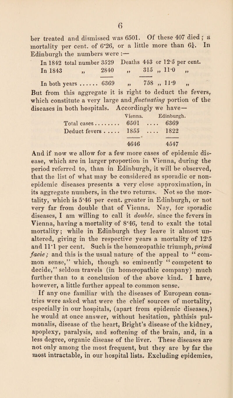 her treated and dismissed was 6501. Of these 407 died ; a mortality per cent, of 6*26, or a little more than 6E In Edinburgh the numbers were :— In 1842 total number 3529 Deaths 443 or 12 5 per cent. In 1843 „ 2840 „ 315 „ 11*0 In both years. 6369 „ 758 ,, 11*9 But from this aggregate it is right to deduct the fevers, which constitute a very large and fluctuating portion of the diseases in both hospitals. Accordingly we have— Vienna. Edinburgh. Total cases. .. 6501 .... 6369 Deduct fevers . .. .. 1855 .... 1822 4646 4547 And if now we allow for a few more cases of epidemic dis¬ ease, which are in larger proportion in Vienna, during the period referred to, than in Edinburgh, it will be observed, that the list of what may be considered as sporadic or non¬ epidemic diseases presents a very close approximation, in its aggregate numbers, in the two returns. Not so the mor¬ tality, which is 5'46 per cent, greater in Edinburgh, or not very far from double that of Vienna. Nay, for sporadic diseases, I am willing to call it double, since the fevers in Vienna, having a mortality of 8*46, tend to exalt the total mortality; while in Edinburgh they leave it almost un¬ altered, giving in the respective years a mortality of 12*5 and 11*1 per cent. Such is the homoeopathic triumph, primd facie; and this is the usual nature of the appeal to “com¬ mon sense,” which, though so eminently “competent to decide,” seldom travels (in homoeopathic company) much further than to a conclusion of the above kind. I have, however, a little further appeal to common sense. If any one familiar with the diseases of European coun¬ tries were asked what were the chief sources of mortality, especially in our hospitals, (apart from epidemic diseases,) he would at once answer, without hesitation, phthisis pul- monalis, disease of the heart, Bright’s disease of the kidney, apoplexy, paralysis, and softening of the brain, and, in a less degree, organic disease of the liver. These diseases are not only among the most frequent, but they are by far the most intractable, in our hospital lists. Excluding epidemics,