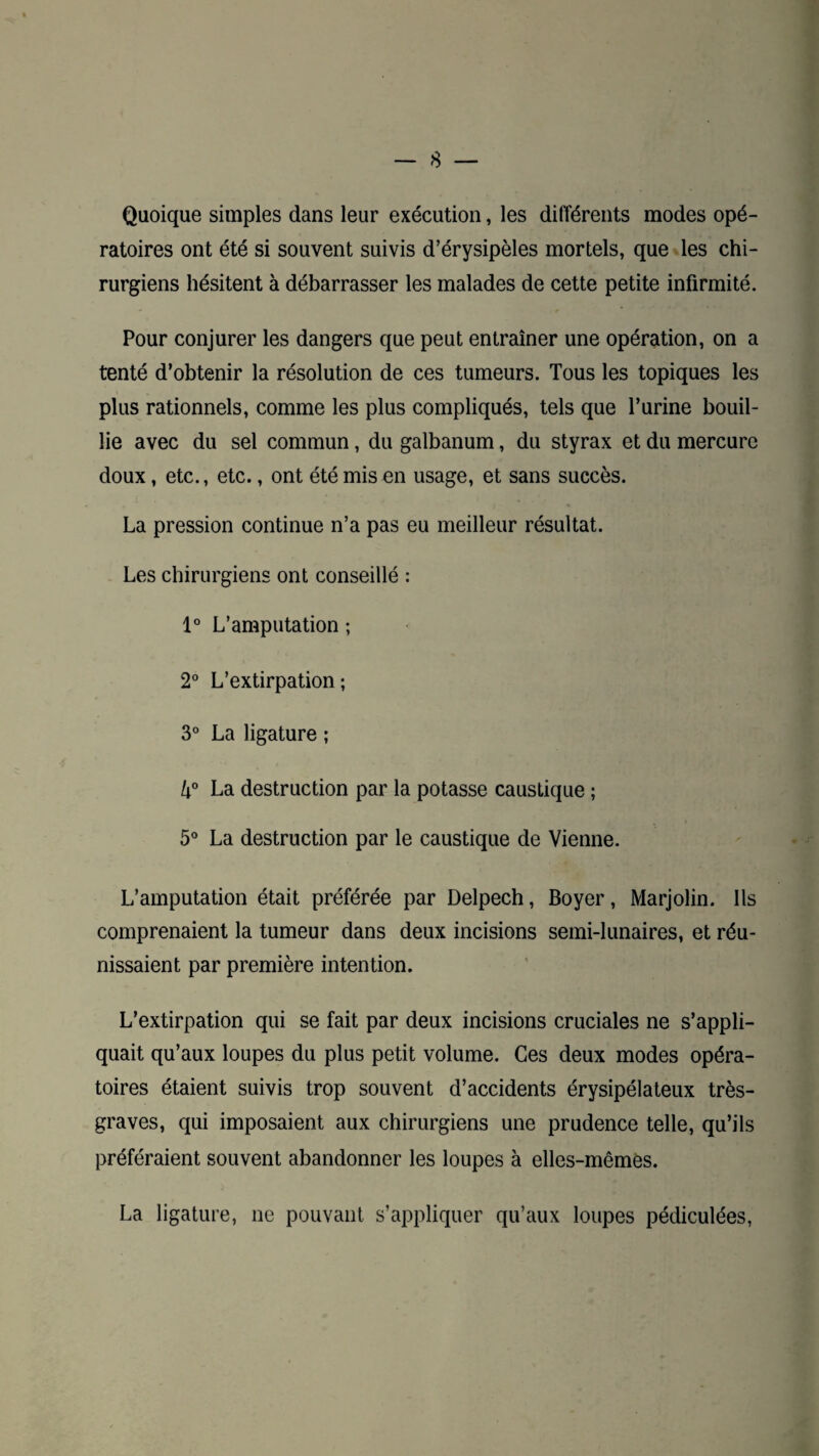 Quoique simples dans leur exécution, les différents modes opé¬ ratoires ont été si souvent suivis d’érysipèles mortels, que les chi¬ rurgiens hésitent à débarrasser les malades de cette petite infirmité. Pour conjurer les dangers que peut entraîner une opération, on a tenté d’obtenir la résolution de ces tumeurs. Tous les topiques les plus rationnels, comme les plus compliqués, tels que l’urine bouil¬ lie avec du sel commun, du galbanum, du styrax et du mercure doux, etc., etc., ont été mis en usage, et sans succès. La pression continue n’a pas eu meilleur résultat. Les chirurgiens ont conseillé : 1° L’amputation ; 2° L’extirpation ; 3° La ligature ; 4° La destruction par la potasse caustique ; 5° La destruction par le caustique de Vienne. L’amputation était préférée par Delpech, Boyer, Marjolin. Ils comprenaient la tumeur dans deux incisions semi-lunaires, et réu¬ nissaient par première intention. L’extirpation qui se fait par deux incisions cruciales ne s’appli¬ quait qu’aux loupes du plus petit volume. Ces deux modes opéra¬ toires étaient suivis trop souvent d’accidents érysipélateux très- graves, qui imposaient aux chirurgiens une prudence telle, qu’ils préféraient souvent abandonner les loupes à elles-mêmôs. La ligature, ne pouvant s’appliquer qu’aux loupes pédiculées,