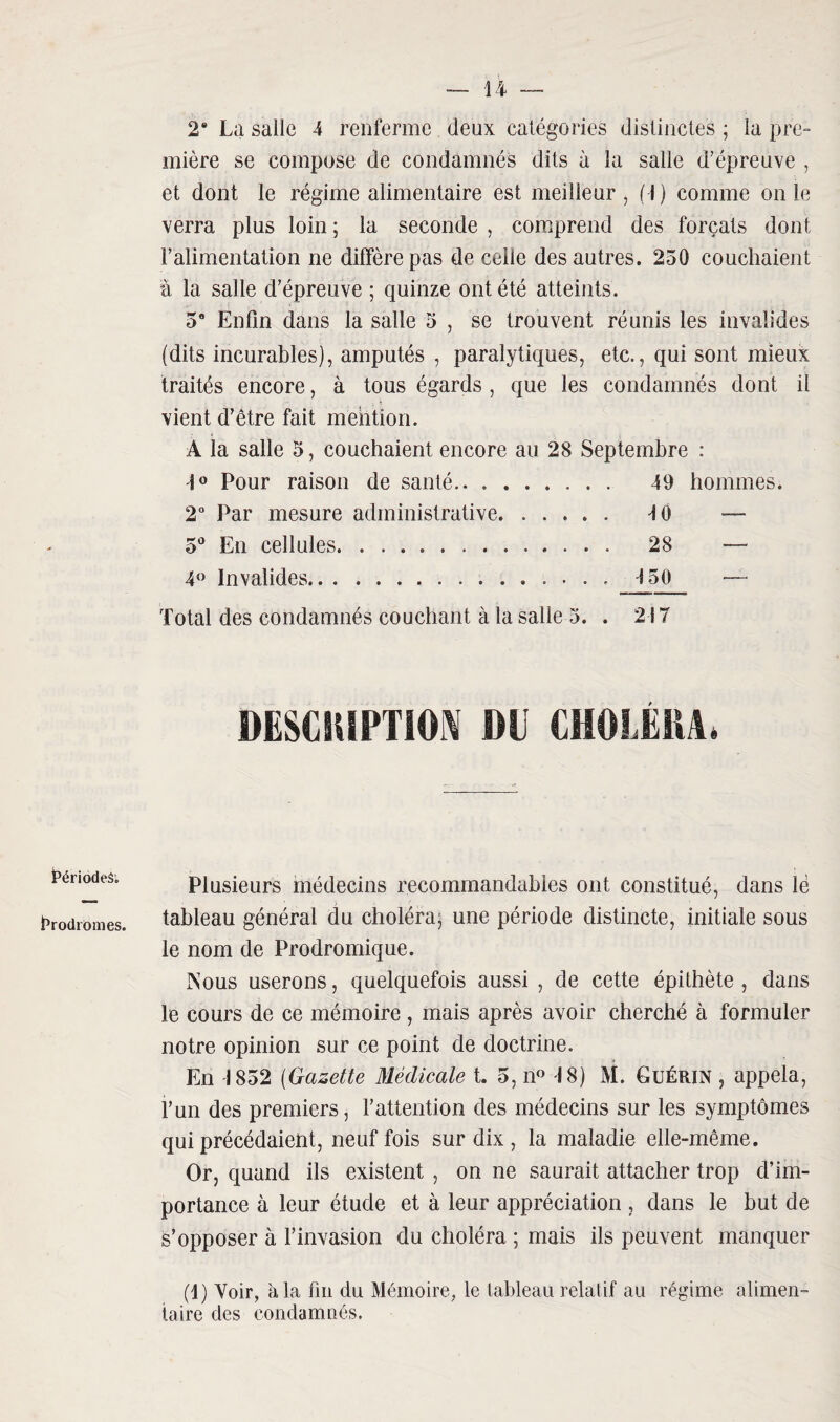 Périodes. Prodromes. — h __ 26 La salle 4 renferme (leux catégories distinctes ; la pre¬ mière se compose de condamnés dits à la salle d’épreuve , et dont le régime alimentaire est meilleur , (1) comme on le verra plus loin ; la seconde , comprend des forçats dont l’alimentation ne diffère pas de celle des autres. 250 couchaient à la salle d’épreuve ; quinze ont été atteints. 5° Enfin dans la salle 5 , se trouvent réunis les invalides (dits incurables), amputés , paralytiques, etc., qui sont mieux traités encore, à tous égards , que les condamnés dont il vient d’être fait mention. A la salle 5, couchaient encore au 28 Septembre : \° Pour raison de santé. 49 hommes. 2° Par mesure administrative. HO — 5° En cellules. 28 — 4° Invalides. 150 — Total des condamnés couchant à la salle 5. . 217 DESCRIPTION M CHOLÉRA» Plusieurs médecins recommandables ont constitué, dans lé tableau général du choléra^ une période distincte, initiale sous le nom de Prodromique. Nous userons, quelquefois aussi , de cette épithète, dans le cours de ce mémoire , mais après avoir cherché à formuler notre opinion sur ce point de doctrine. En 1852 [Gazette Médicale t. 5, n° 4 8) M. Guérin , appela, i’un des premiers, l’attention des médecins sur les symptômes qui précédaient, neuf fois sur dix , la maladie elle-même. Or, quand ils existent , on ne saurait attacher trop d’im¬ portance à leur étude et à leur appréciation , dans le but de s’opposer à l’invasion du choléra ; mais ils peuvent manquer (1) Voir, à la fin du Mémoire, le tableau relatif au régime alimen¬ taire des condamnés.