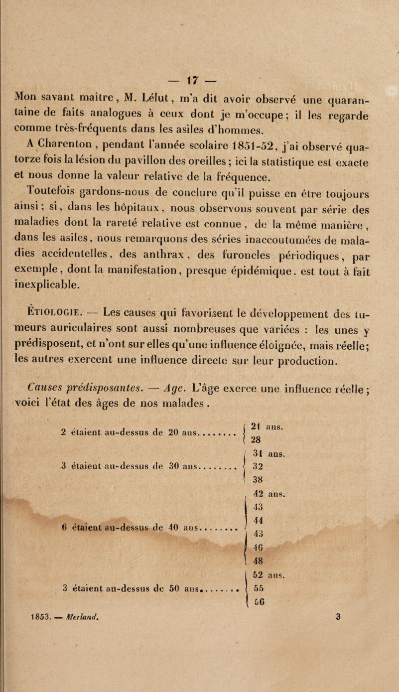 Mon savant maître, M. Lelut, m a dit avoir observé une (quaran¬ taine de faits analogues a ceux dont je m’occupe ^ il les regarde comme très-fréquents dans les asiles d’hommes. A Charenton , pendant l’année scolaire 1851-52, j’ai observé qua¬ torze fois la lésion du pavillon des oreilles ; ici la statistique est exacte et nous donne la valeur relative de la fréquence. Toutefois gardons-nous de conclure qu’il puisse en être toujours ainsi, si, dans les hôpitaux, nous observons souvent par série des maladies dont la rareté relative est connue , de la même manière , dans les asiles, nous remarquons des séries inaccoutumées de mala¬ dies accidentelles, des anthrax, des furoncles périodiques, par exemple, dont la manifestation, presque épidémique, est tout à fait inexplicable. Etiologie. — Les causes qui favorisent le développement des tu¬ meurs auriculaires sont aussi nombreuses que variées : les unes y prédisposent, et n’ont sur elles qu’une influence éloignée, mais réelle; les autres exercent une influence directe sur leur production. Causes prédisposantes. — Age. L’âge exerce une influence réelle; I voici l’état des âges de nos malades . 3 élaieiU au-dessus de 30 ans 2 étaient au-dessus de 20 ans ! 38 ( 21 ans. [ 28 I 31 ans. 32 42 ans. 6 étaient au-dessus de 40 ans 43 44 43 46 48 3 étaient au-dessus de 50 ans 52 ans. 1853. — Meiland, 3