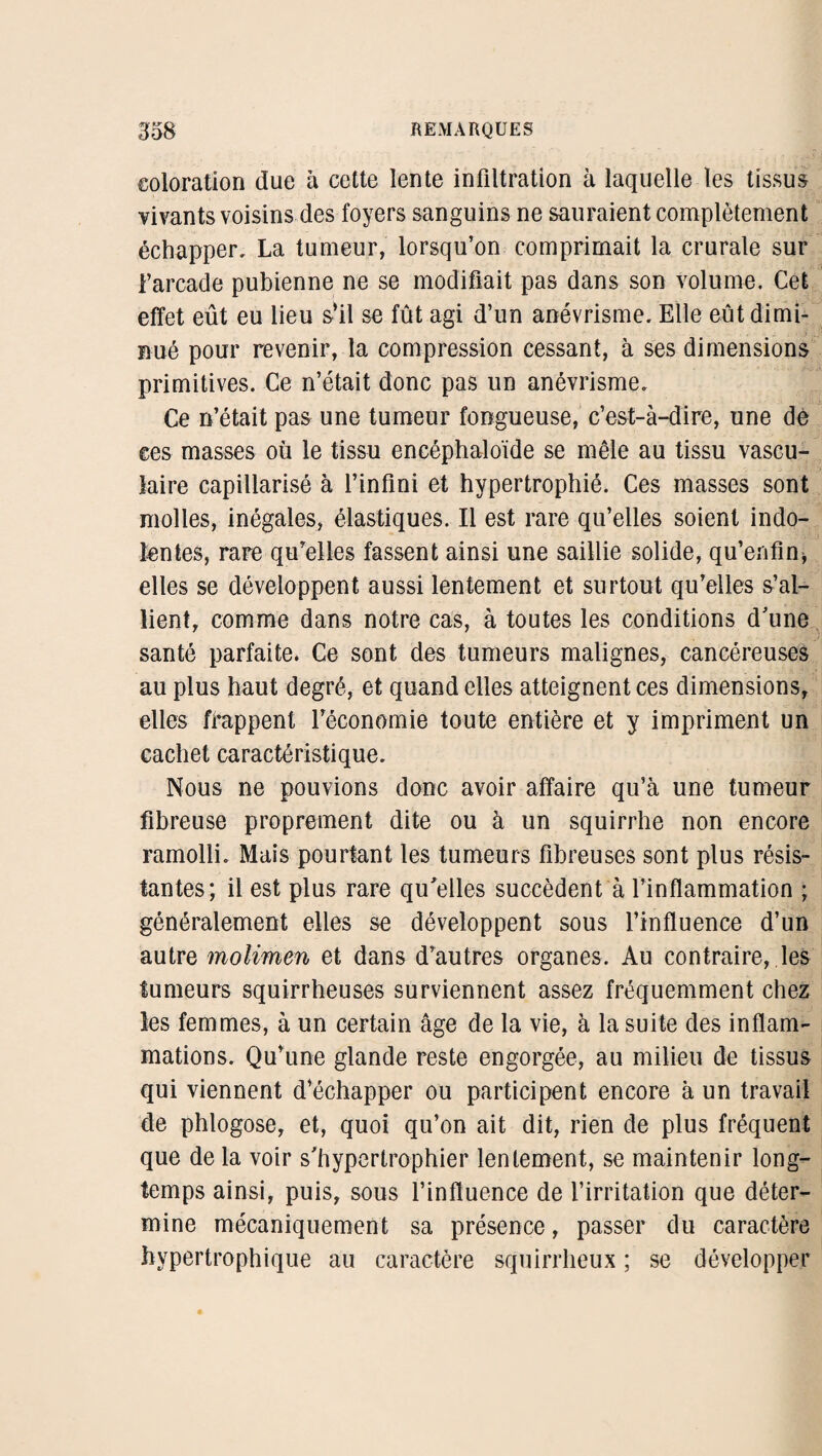 coloration due à cette lente infiltration à laquelle les tissus vivants voisins des foyers sanguins ne sauraient complètement échapper, La tumeur, lorsqu’on comprimait la crurale sur l’arcade pubienne ne se modifiait pas dans son volume. Cet effet eût eu lieu s’il se fût agi d’un anévrisme. Elle eût dimi¬ nué pour revenir, la compression cessant, à ses dimensions primitives. Ce n’était donc pas un anévrisme. Ce n’était pas une tumeur fongueuse, c’est-à-dire, une de ces masses où le tissu encéphaloïde se mêle au tissu vascu¬ laire capillarisé à l’infini et hypertrophié. Ces masses sont molles, inégales, élastiques. Il est rare qu’elles soient indo¬ lentes, rare qu’elles fassent ainsi une saillie solide, qu'enfin* elles se développent aussi lentement et surtout qu’elles s’al¬ lient, comme dans notre cas, à toutes les conditions d'une santé parfaite* Ce sont des tumeurs malignes, cancéreuses au plus haut degré, et quand elles atteignent ces dimensions, elles frappent l’économie toute entière et y impriment un cachet caractéristique. Nous ne pouvions donc avoir affaire qu’à une tumeur fibreuse proprement dite ou à un squirrhe non encore ramolli. Mais pourtant les tumeurs fibreuses sont plus résis¬ tantes; il est plus rare qu'elles succèdent à l’inflammation ; généralement elles se développent sous l’influence d’un autre molimen et dans d’autres organes. Au contraire, les tumeurs squirrheuses surviennent assez fréquemment chez les femmes, à un certain âge de la vie, à la suite des inflam¬ mations. Qu’une glande reste engorgée, au milieu de tissus qui viennent d’échapper ou participent encore à un travail de phlogose, et, quoi qu’on ait dit, rien de plus fréquent que de la voir s'hypertrophier lentement, se maintenir long¬ temps ainsi, puis, sous l’influence de l’irritation que déter¬ mine mécaniquement sa présence, passer du caractère hypertrophique au caractère squirrheux ; se développer