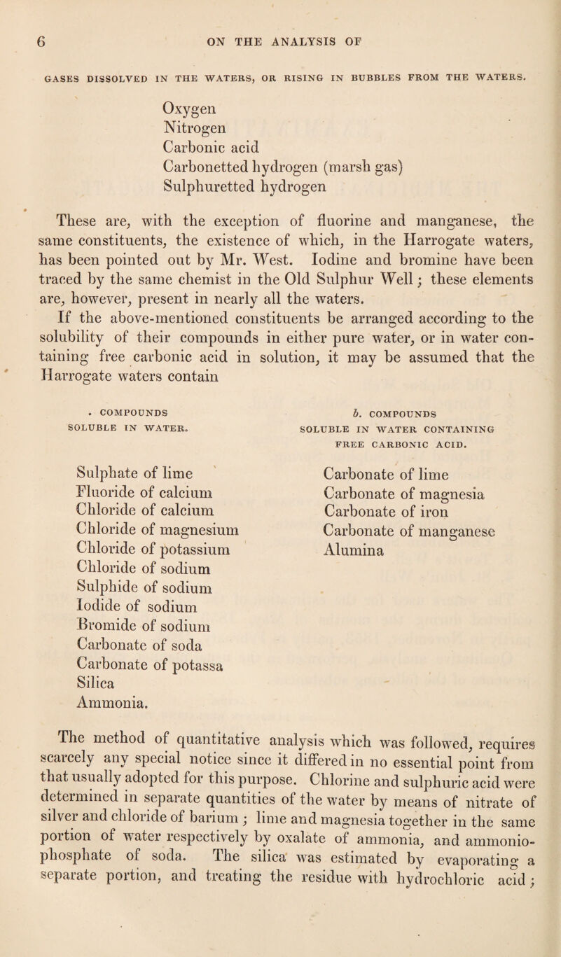 GASES DISSOLVED IN THE WATERS, OR RISING IN BUBBLES FROM THE WATERS. Oxygen Nitrogen Carbonic acid Carbonetted hydrogen (marsh gas) Sulphuretted hydrogen These are, with the exception of fluorine and mang*anese, the same constituents, the existence of which, in the Harrogate waters, has been pointed out by Mr. West. Iodine and bromine have been traced by the same chemist in the Old Sulphur Well; these elements are, however, present in nearly all the waters. If the above-mentioned constituents be arranged according to the solubility of their compounds in either pure water, or in water con¬ taining free carbonic acid in solution, it may be assumed that the Harrogate waters contain . COMPOUNDS SOLUBLE IN WATER. Sulphate of lime Fluoride of calcium Chloride of calcium Chloride of magnesium Chloride of potassium Chloride of sodium Sulphide of sodium Iodide of sodium Bromide of sodium Carbonate of soda Carbonate of potassa Silica Ammonia. The method of (^[uantitative analysis which was followed, reijuires scaicely any special notice since it differed in no essential point from that usually adopted for this purpose. Chlorine and sulphuric acid were deteimined in separate quantities of the water by means of nitrate of silver and chloiide of barium j lime and magnesia together in the same portion of water respectively by oxalate of ammonia, and ammonio- phosphate of soda. The silica was estimated by evaporating a separate portion, and treating the residue with hydrochloric acid; d. COMPOUNDS SOLUBLE IN WATER CONTAINING FREE CARBONIC ACID. Carbonate of lime Carbonate of magnesia Carbonate of iron Carbonate of manganese Alumina