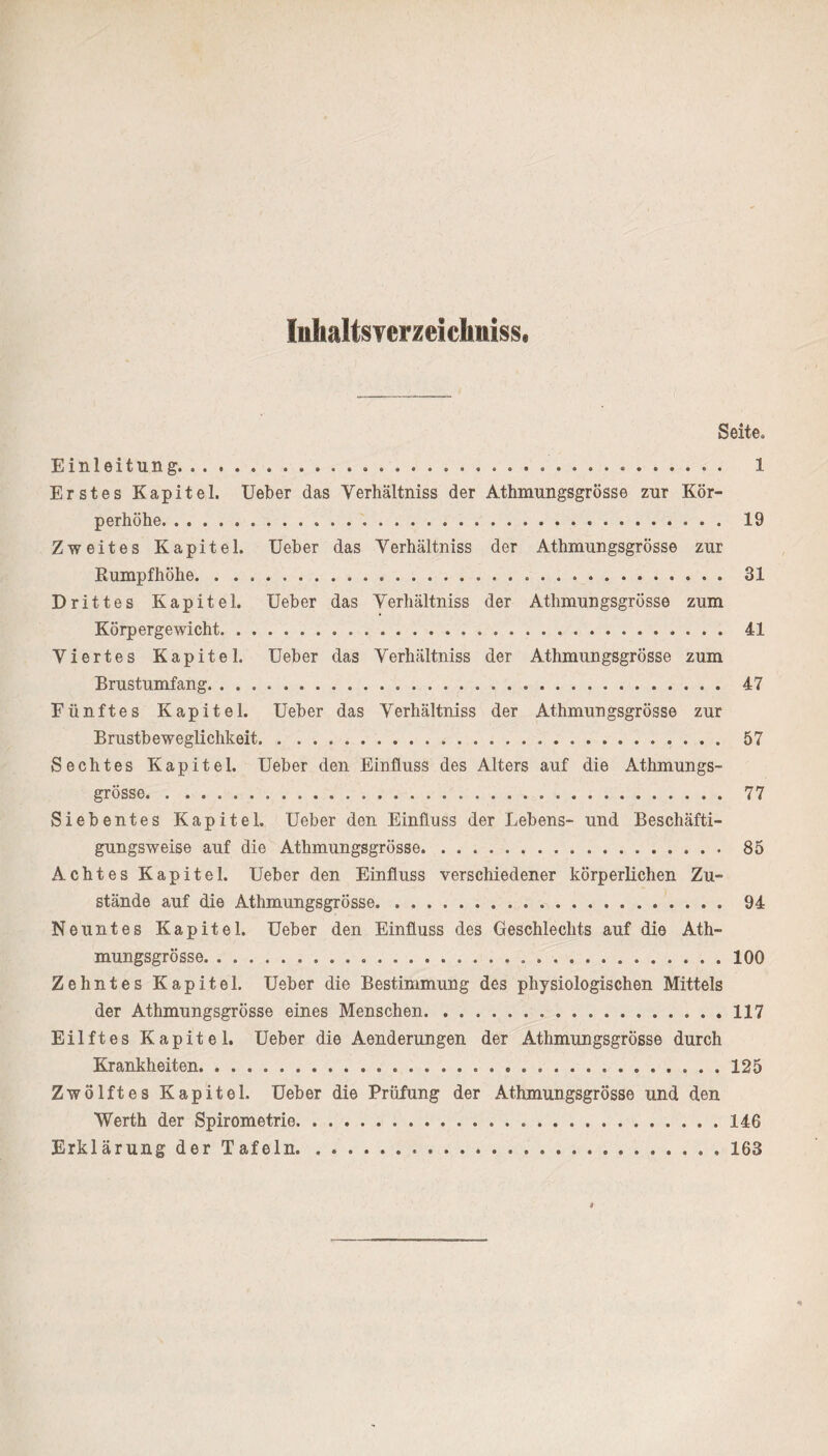 Inhaltsverzeichniss. Seite. Einleitung. 1 Erstes Kapitel. Ueber das Verhältnis der Athmungsgrösse zur Kör¬ perhöhe. 19 Zweites Kapitel. Ueber das Verhältniss der Athmungsgrösse zur Rumpfhöhe. 31 Drittes Kapitel. Ueber das Verhältniss der Athmungsgrösse zum Körpergewicht. 41 Viertes Kapitel. Ueber das Verhältniss der Athmungsgrösse zum Brustumfang. 47 Fünftes Kapitel. Ueber das Verhältniss der Athmungsgrösse zur Brustbeweglichkeit. 57 Sechtes Kapitel. Ueber den Einfluss des Alters auf die Athmungs¬ grösse. 77 Siebentes Kapitel. Ueber den Einfluss der Lebens- und Beschäfti¬ gungsweise auf die Athmungsgrösse. 85 Achtes Kapitel. Ueber den Einfluss verschiedener körperlichen Zu¬ stände auf die Athmungsgrösse. 94 Neuntes Kapitel. Ueber den Einfluss des Geschlechts auf die Ath¬ mungsgrösse. 100 Zehntes Kapitel. Ueber die Bestimmung des physiologischen Mittels der Athmungsgrösse eines Menschen.117 Eilftes Kapitel. Ueber die Aenderungen der Athmungsgrösse durch Krankheiten.125 Zwölftes Kapitel. Ueber die Prüfung der Athmungsgrösse und den Werth der Spirometrie.14G Erklärung der Tafeln.163