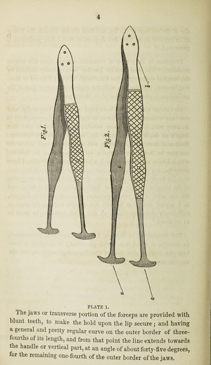 PLATE 1. I he jaws or transverse portion of the forceps are provided with blunt teeth, to make the hold upon the lip secure ; and having a geneial and pretty regular curve on the outer border of three- fourths of its length, and from that point the line extends towards the handle or vertical part, at an angle of about forty-five degrees, for the remaining one-fourth of the outer border of the jaws.