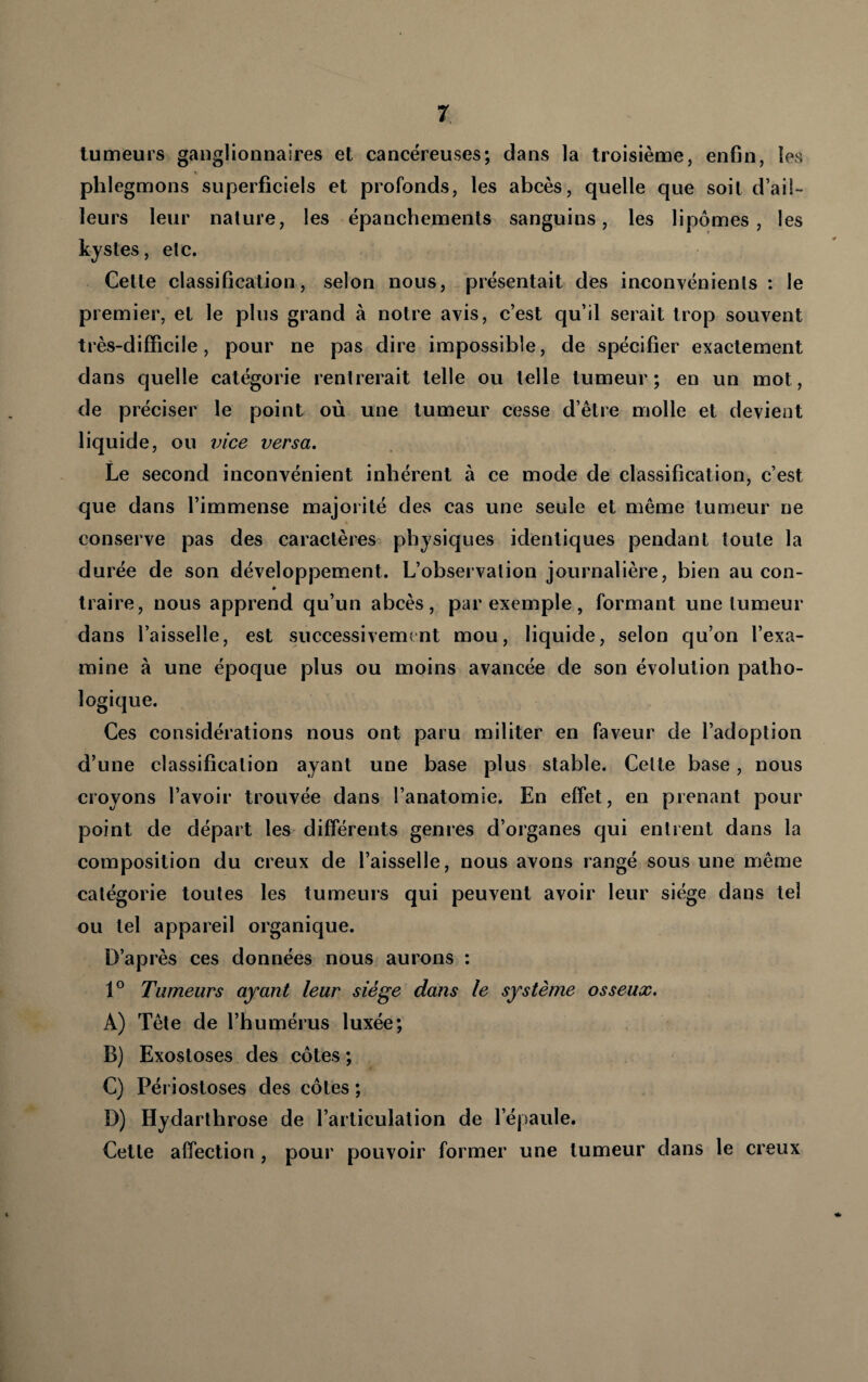 T tumeurs ganglionnaires et cancéreuses; dans la troisième, enfin, les phlegmons superficiels et profonds, les abcès, quelle que soit d’ail¬ leurs leur nature, les épanchements sanguins, les lipomes, les kystes, etc. Celle classification, selon nous, présentait des inconvénients : le premier, et le plus grand à notre avis, c’est qu’il serait trop souvent très-difficile, pour ne pas dire impossible, de spécifier exactement dans quelle catégorie rentrerait telle ou telle tumeur; en un mot, de préciser le point où une tumeur cesse d’être molle et devient liquide, ou ^nce versa. Le second inconvénient inhérent à ce mode de classification, c’est que dans l’immense majorité des cas une seule et même tumeur ne conserve pas des caractères physiques identiques pendant toute la durée de son développement. L’observation journalière, bien au con- * traire, nous apprend qu’un abcès, par exemple, formant une tumeur dans l’aisselle, est successivement mou, liquide, selon qu’on l’exa¬ mine à une époque plus ou moins avancée de son évolution patho¬ logique. Ces considérations nous ont paru militer en faveur de l’adoption d’une classification ayant une base plus stable. Cette base, nous croyons l’avoir trouvée dans l’anatomie. En effet, en prenant pour point de départ les différents genres d’organes qui entrent dans la composition du creux de l’aisselle, nous avons rangé sous une même catégorie toutes les tumeurs qui peuvent avoir leur siège dans tel ou tel appareil organique. D’après ces données nous aurons : 1° Tumeurs ayant leur siège dans le système osseux. A) Tête de l’humérus luxée; B) Exostoses des côtes ; C) Périostoses des côtes ; D) Hydarthrose de l’articulation de l’épaule. Celle affection , pour pouvoir former une tumeur dans le creux