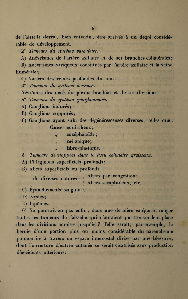 de l’aisselIe devra, bien entendu^ êtie arrivée à un degré considé¬ rable de développement. 2^* Tumeurs du système vasculaire, A) Anévrismes de l’artère axillaire et de ses branches collatérales; B) Anévrismes variqueux constitués par l’artère axillaire et la veine humérale ; C) Varices des veines profondes du bras. 3° Tumeurs du système nerveux, Névrômes des nerfs du plexus brachial et de ses divisions. 4° Tumeurs du système ganglionnaire, A) Ganglions indurés ; B) Ganglions suppurés; C) Ganglions ayant subi des dégénérescenses diverses, telles que : Cancer squirrheux; a encéphaloïde ; « mélanique; a fibro-plastique. 5^ Tumeurs développées dans le tissu cellulaire graisseux, A) Phlegmons superficiels profonds; B) Abcès superficiels ou profonds, , J. ^ 1 Abcès par congestion; de diverses natures : ; ^ ^ j Abcès scrophuleux, etc. 7 C) Epanchements sanguins; D) Kystes; E) Lipomes. 6“ Ne pourrait-on pas enfin, dans une dernière catégorie, ranger toutes les tumeurs de l’aisselle qui n’auraient pu trouver leur place dans les divisions admises jusqu’ici? Telle serait, par exemple, la hernie d’une portion plus ou moins considérable du parenchyme pulmonaire à travers un espace intercostal divisé par une blessure, dont l’ouverture d’entrée cutanée se serait cicatrisée sans production d’accidents ultérieurs.