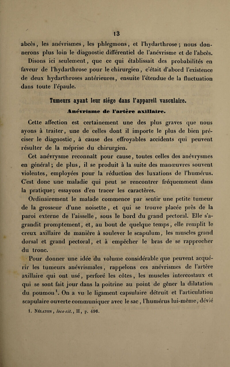 abcès, les anévrismes , les phlegmons, et l’hydarthrose ; nous don¬ nerons plus loin le diagnostic différentiel de l’anévrisme et de l’abcès. Disons ici seulement, que ce qui établissait des probabilités en faveur de l’hydarthrose pour le chirurgien, c’était d’abord l’existence de deux hydarthroses antérieures, ensuite l’étendue de la fluctuation dans toute l’épaule. Tumeurs ayant leur siège dans l’appareil vasculaire. Anévrisme de l’artère axillaire. Cette affection est certainement une des plus graves que nous ayons à traiter, une de celles dont il importe le plus de bien pré¬ ciser le diagnostic, à cause des effroyables accidents qui peuvent résulter de la méprise du chirurgien. Cet anévrysme reconnaît pour cause, toutes celles des anévrysmes en général ; de plus, il se produit à la suite des manœuvres souvent violentes, employées pour la réduction des luxations de l’humérus. C’est donc une maladie qui peut se rencontrer fréquemment dans la pratique; essayons d’en tracer les caractères. Ordinairement le malade commence par sentir une petite tumeur de la grosseur d’une noisette , et qui se trouve placée près de la paroi externe de l’aisselle, sous le bord du grand pectoral. Elle s’a¬ grandit promptement, et, au bout de quelque temps, elle remplit le creux axillaire de manière à soulever le scapulum, les muscles grand dorsal et grand pectoral, et à empêcher le bras de se rapprocher du tronc. Pour donner une idée du volume considérable que peuvent acqué¬ rir les tumeurs anévrismales, rappelons ces anévrismes de l’artère axillaire qui ont usé, perforé les côtes , les muscles intercostaux et qui se sont fait jour dans la poitrine au point de gêner la dilatation du poumon \ On a vu le ligament capsulaire détruit et l’articulation scapulaire ouverte communiquer avec le sac , l’humérus lui-même, dévié 1. Nélaton, lococît.^ II, p. 496.