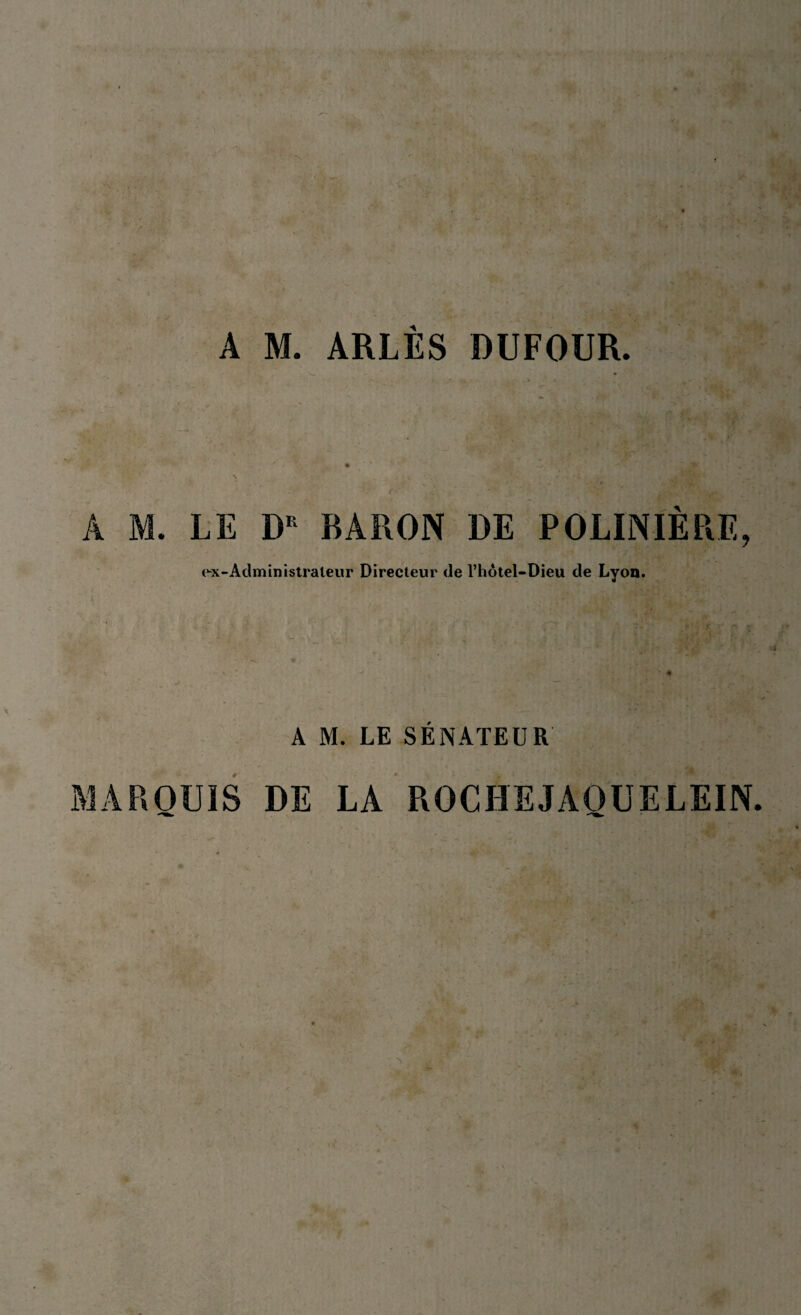 A M. ARLES DUFOUR. A M. LE DR BARON DE POLINIÈRE, ex-Administrateur Directeur de l’hôtel-Dieu de Lyon. A M. LE SÉNATEUR MARQUIS DE LA ROCHEJAQUELEIN.